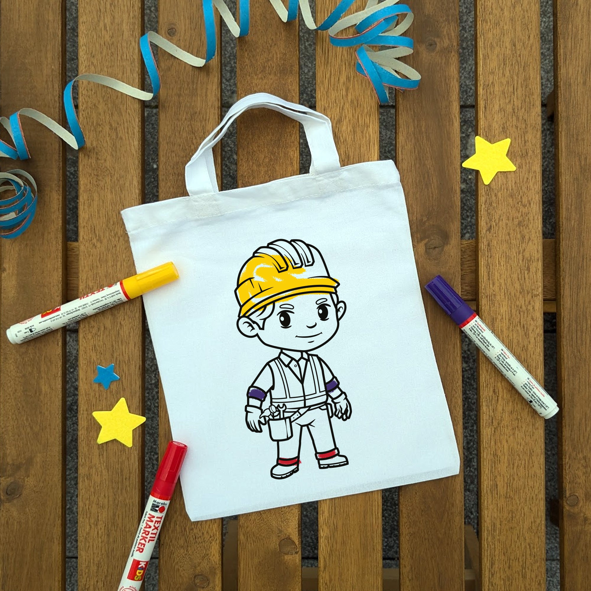 Bauarbeiter Kindertaschen zum Ausmalen, 22 x 26 cm, 100% Baumwolle
