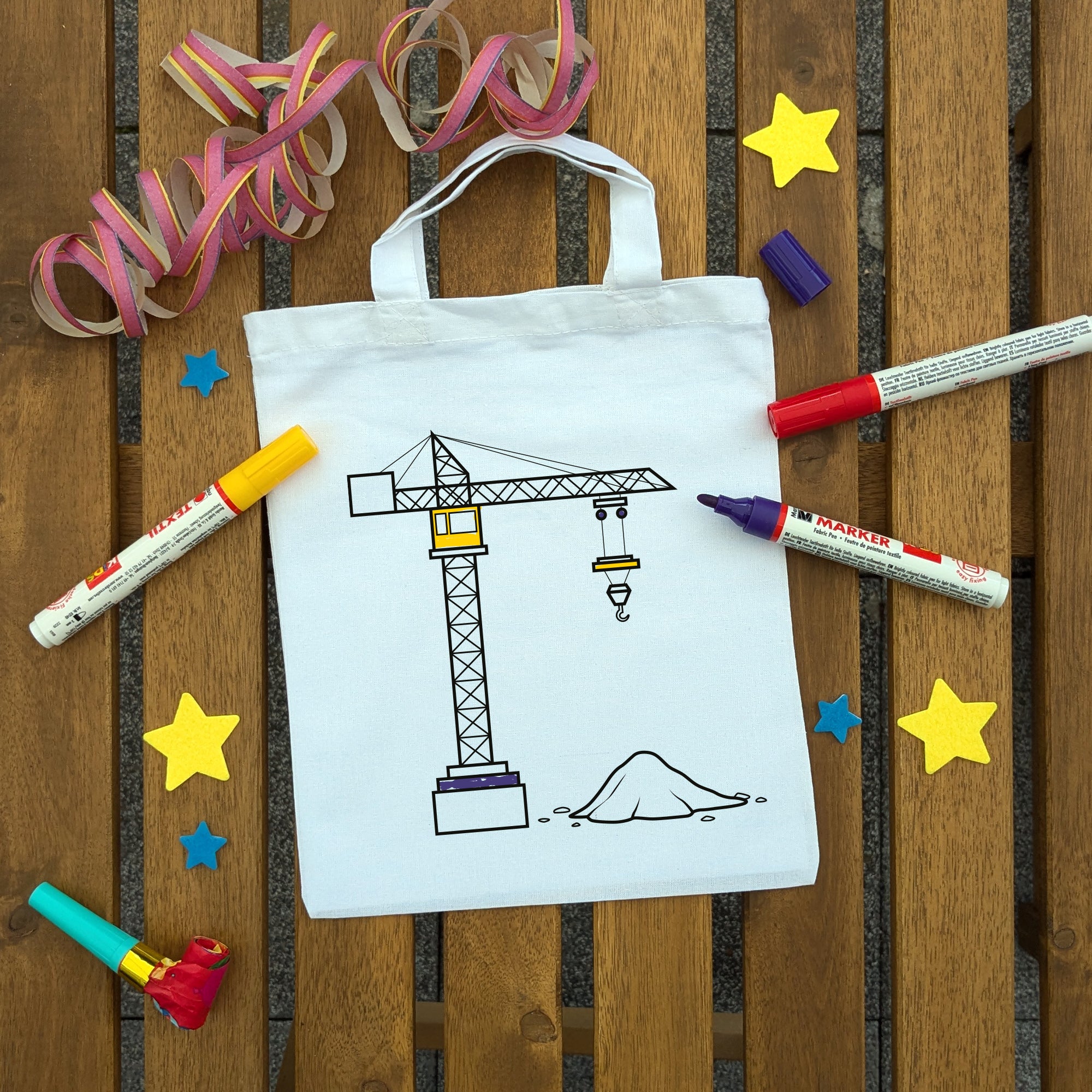 Baustellenkran Kindertaschen zum Ausmalen, 22 x 26 cm, 100% Baumwolle