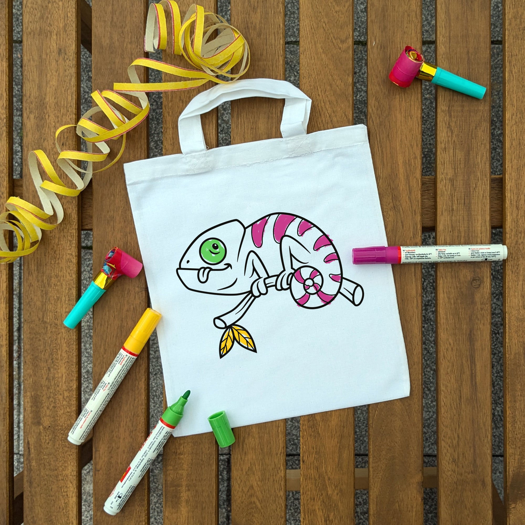 Chamäleon Kindertaschen zum Ausmalen, 22 x 26 cm, 100% Baumwolle