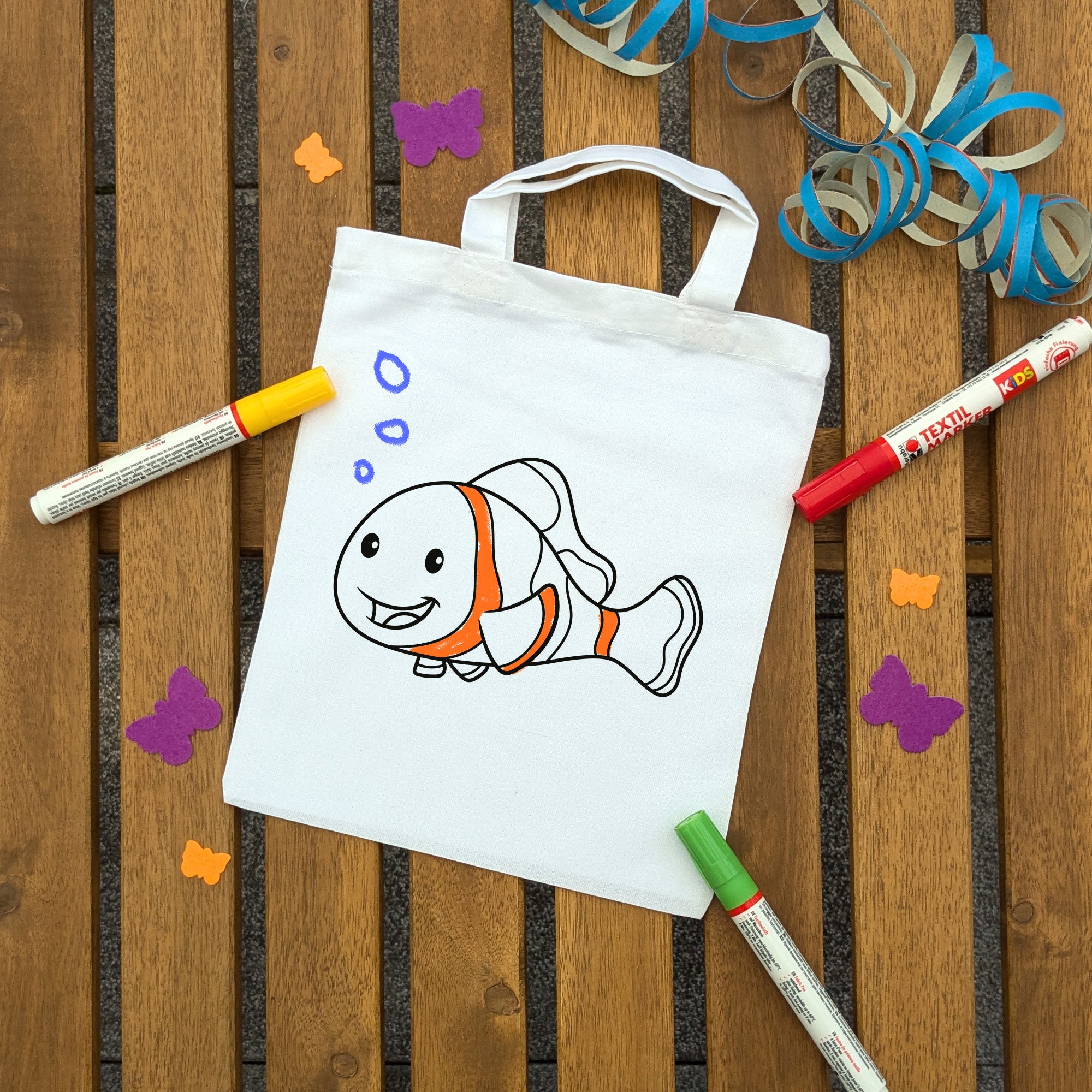 Clownfisch Kindertaschen zum Ausmalen, 22 x 26 cm, 100% Baumwolle