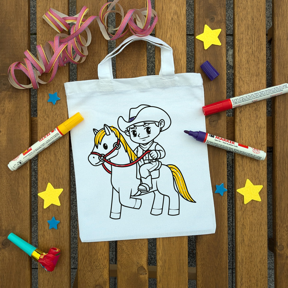 Cowboy auf Pferd Ausmaltasche für Kinder, bunt ausgemalt