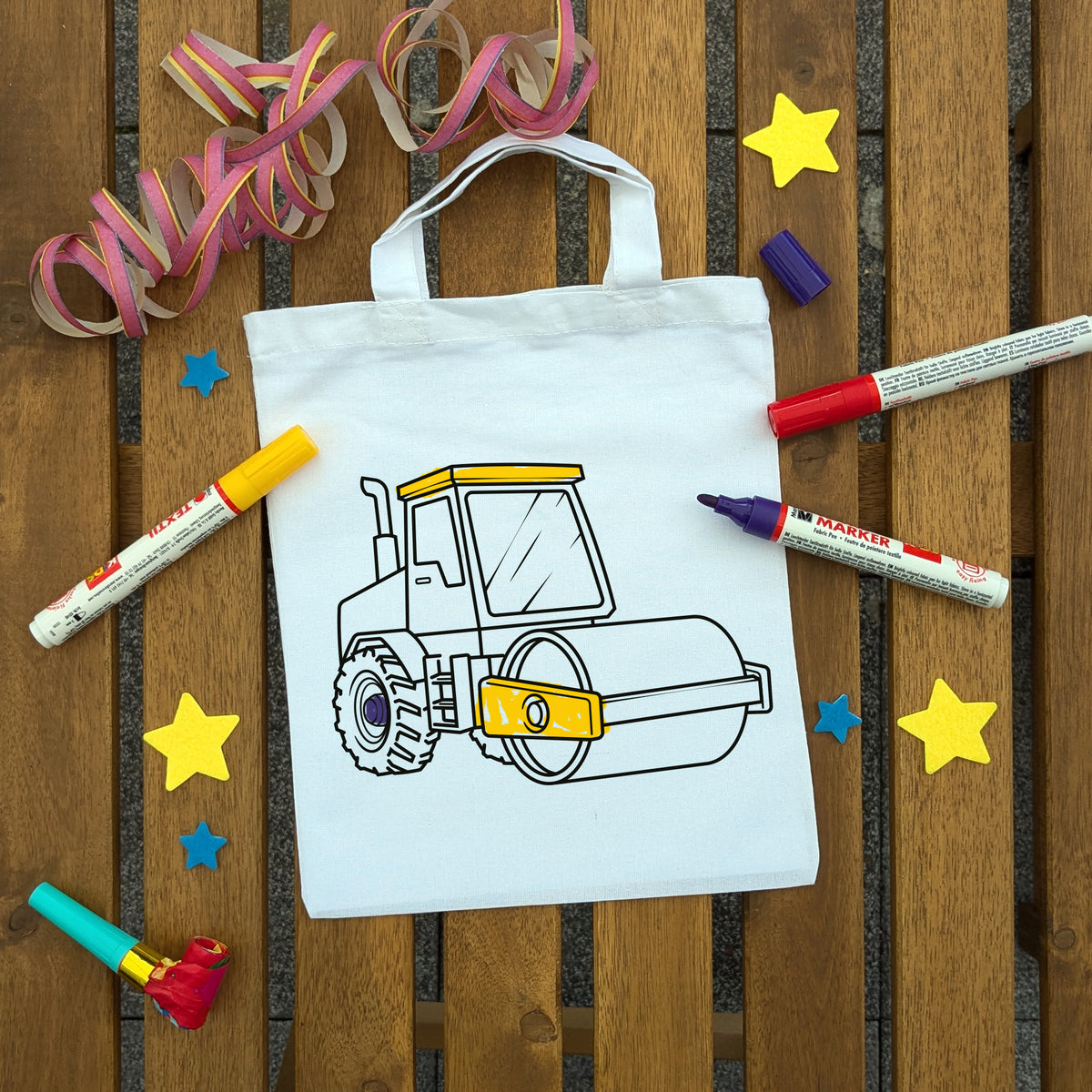 Dampfwalze Ausmaltasche für Kinder, bunt ausgemalt