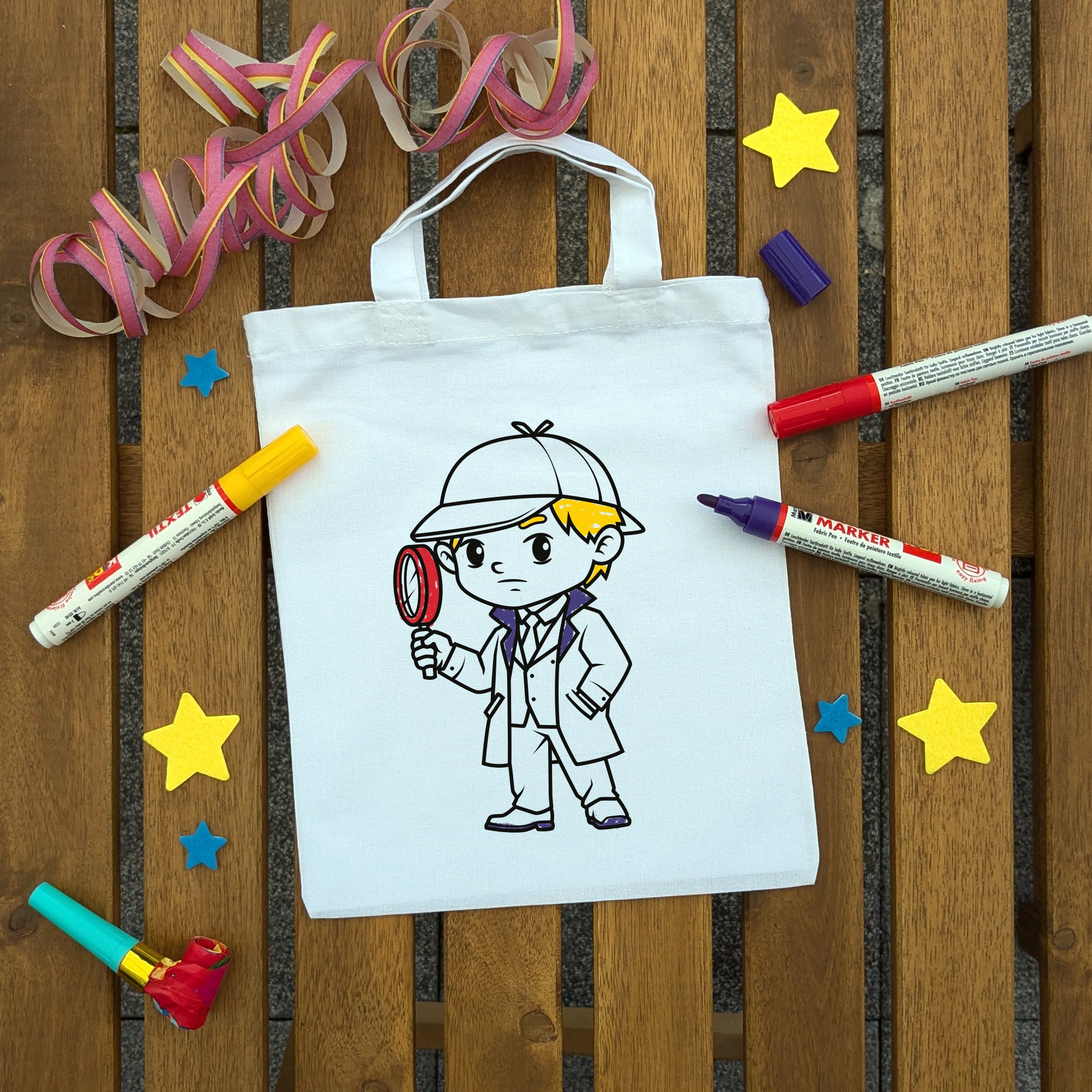 Detektiv Kindertaschen zum Ausmalen, 22 x 26 cm, 100% Baumwolle