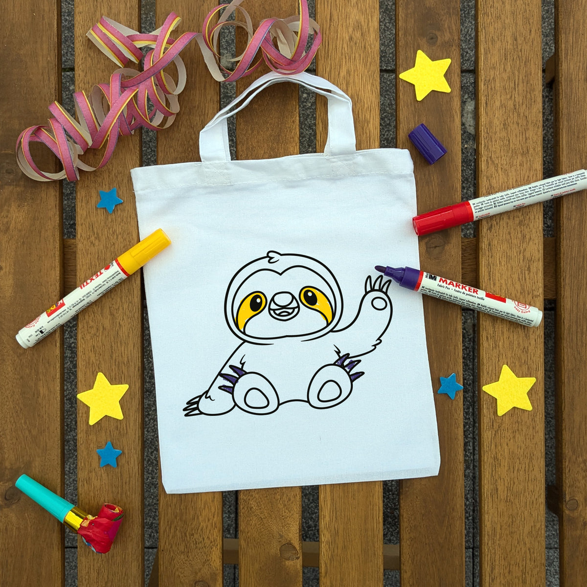 Faultier Ausmaltasche für Kinder, bunt ausgemalt