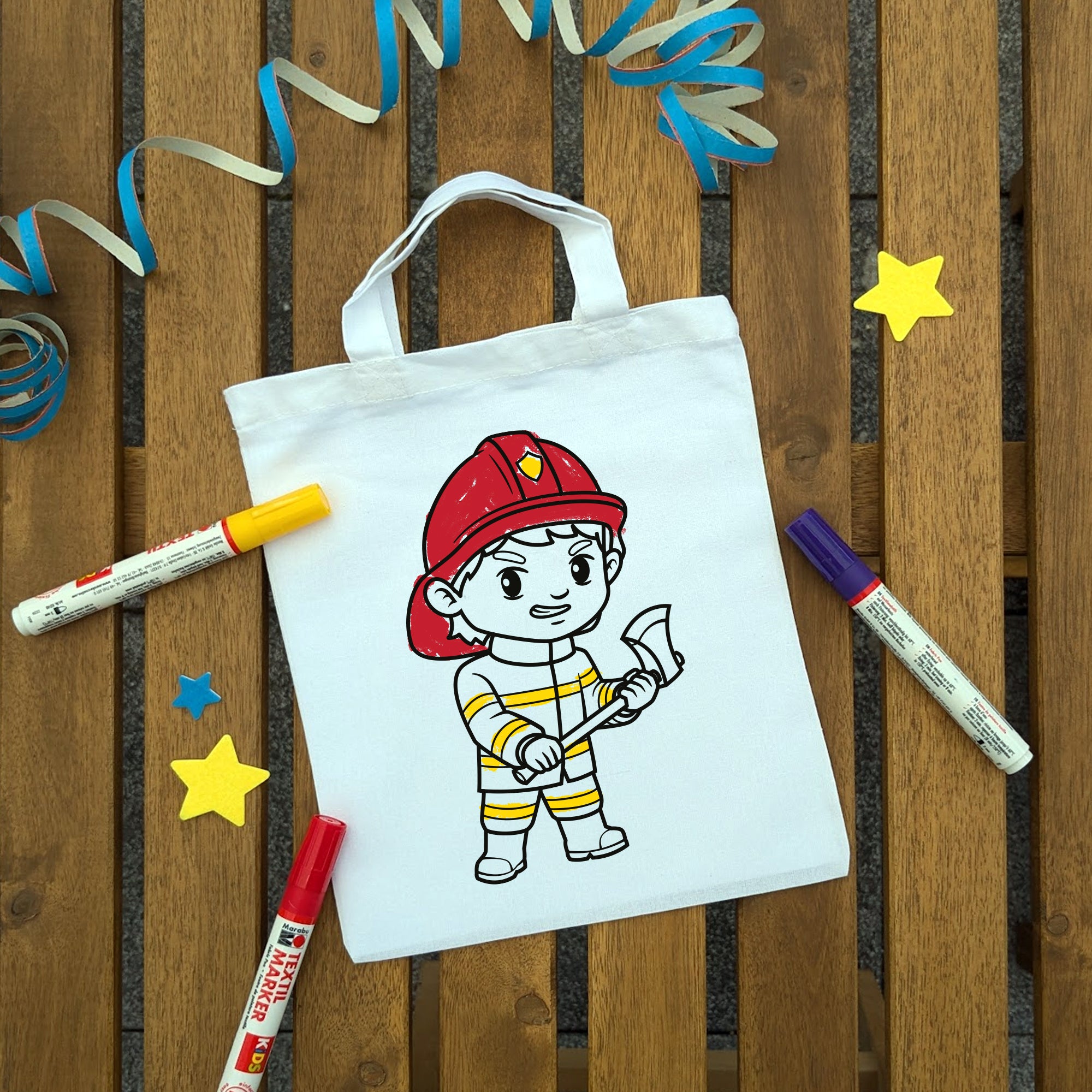 Feuerwehr Junge Kindertaschen zum Ausmalen, 22 x 26 cm, 100% Baumwolle