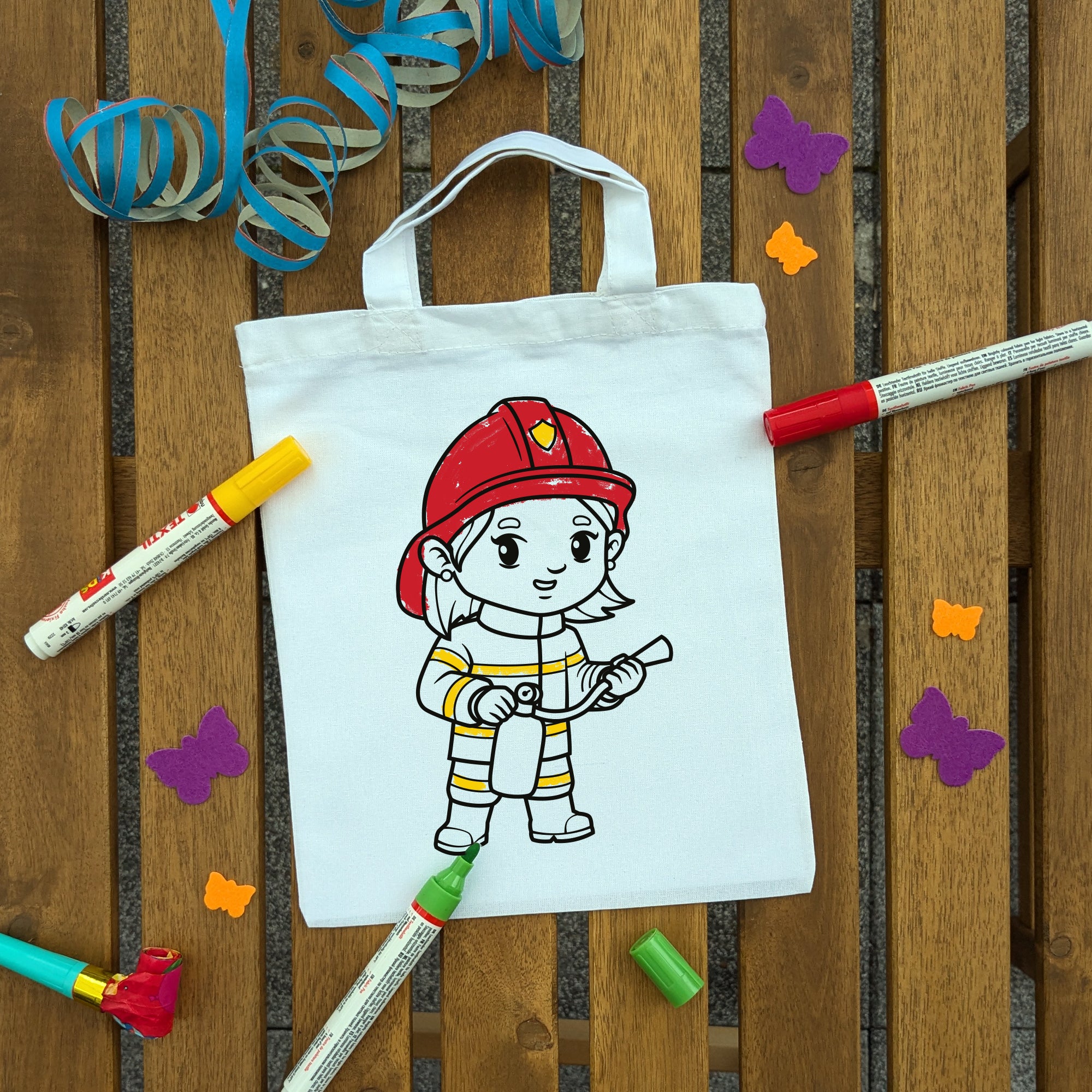 Feuerwehr Mädchen Kindertaschen zum Ausmalen, 22 x 26 cm, 100% Baumwolle