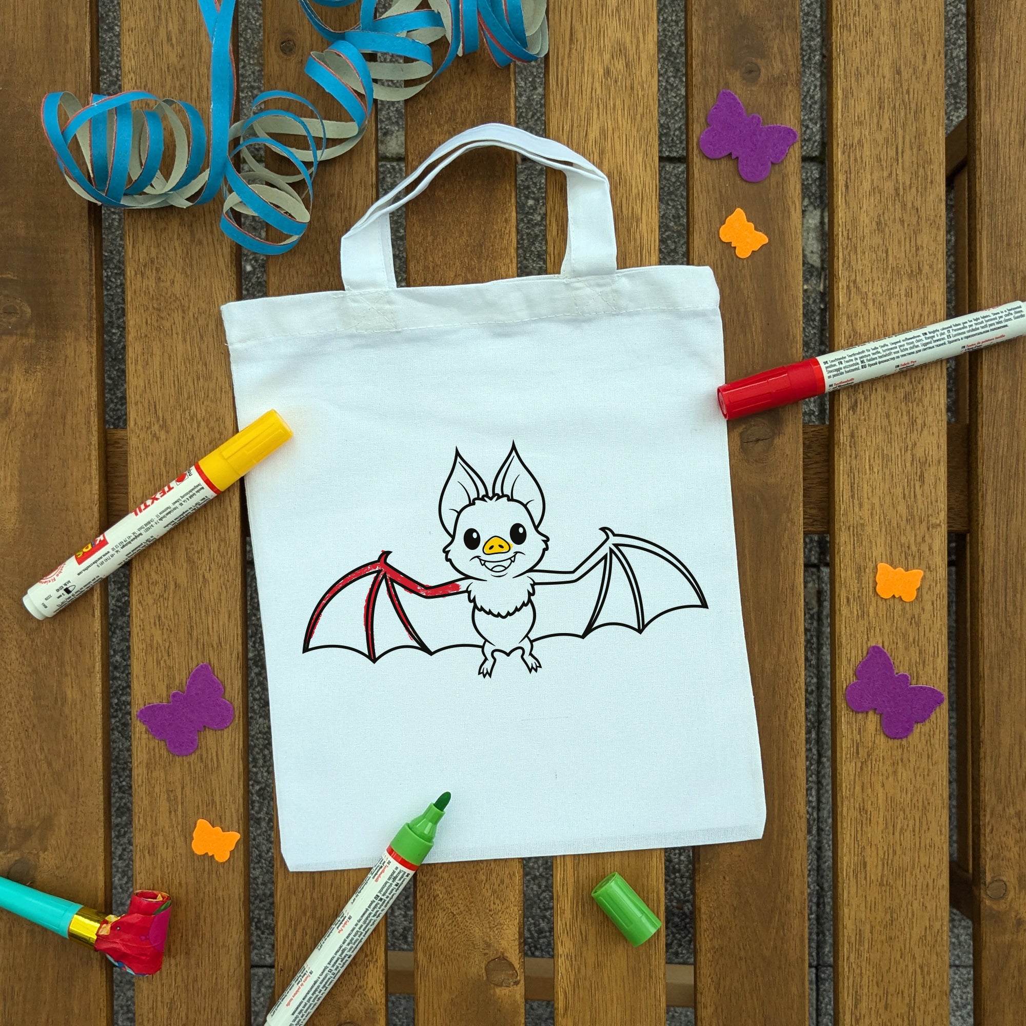 Fledermaus Kindertaschen zum Ausmalen, 22 x 26 cm, 100% Baumwolle