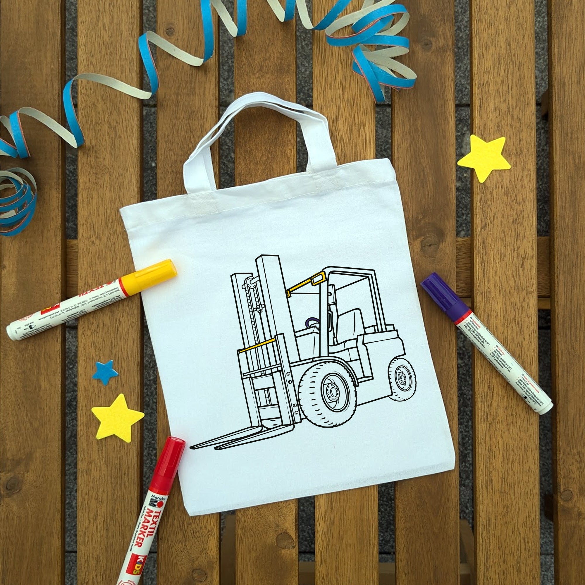 Gabelstapler Kindertaschen zum Ausmalen, 22 x 26 cm, 100% Baumwolle