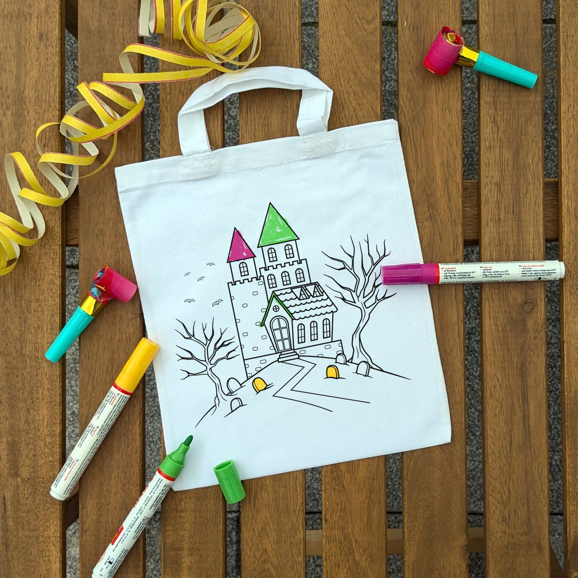 Geisterschloss Kindertaschen zum Ausmalen, 22 x 26 cm, 100% Baumwolle