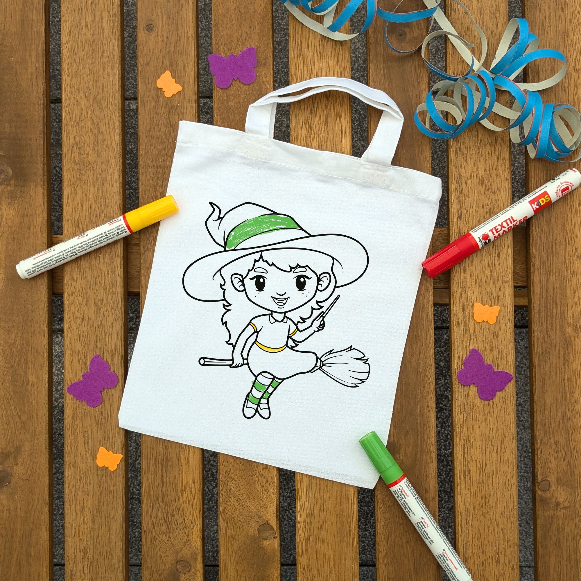 Hexe Kindertaschen zum Ausmalen, 22 x 26 cm, 100% Baumwolle
