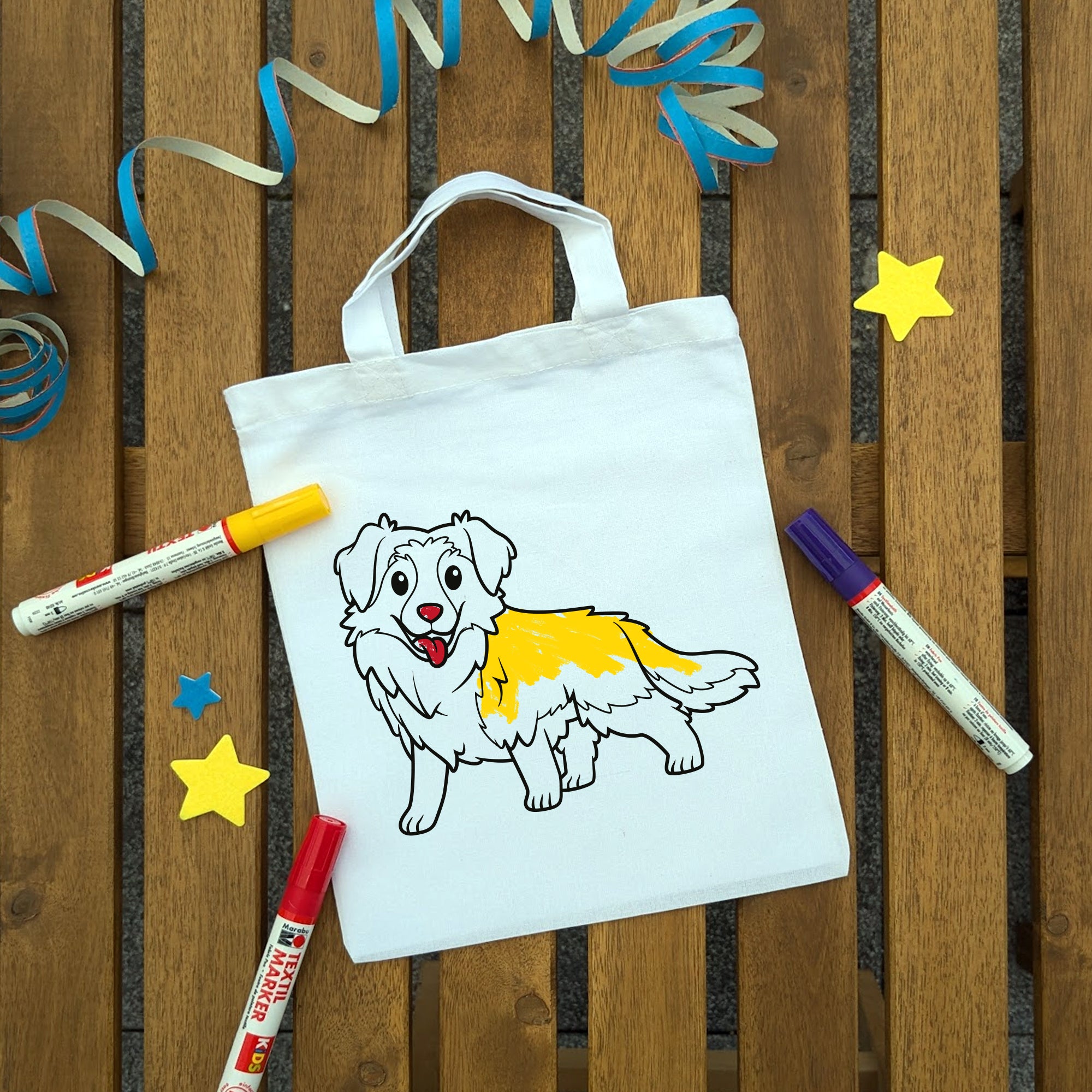 Hund Australian Shepherd Kindertaschen zum Ausmalen, 22 x 26 cm, 100% Baumwolle