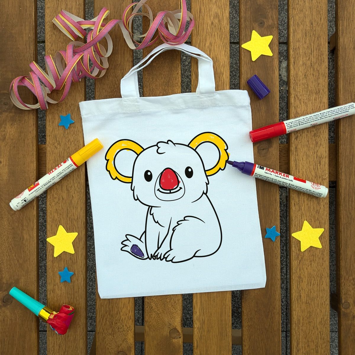 Koala Ausmaltasche für Kinder, bunt ausgemalt