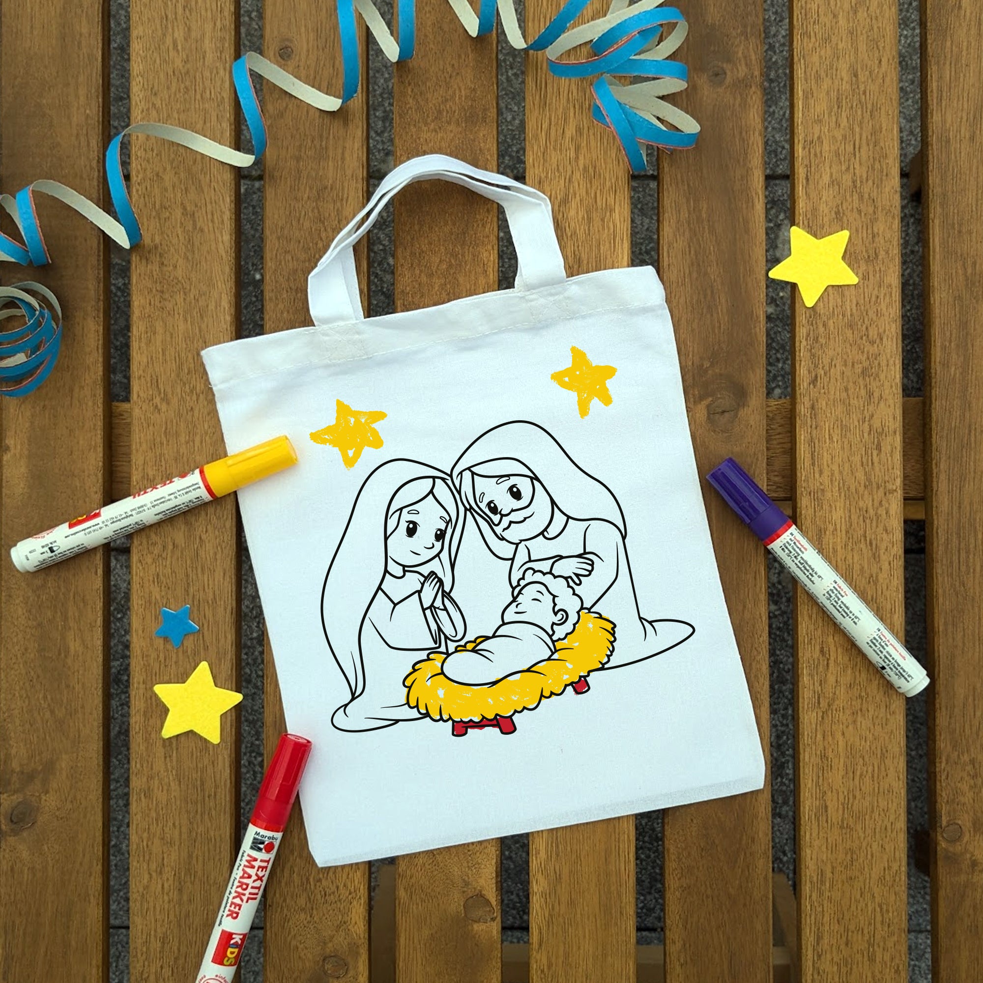 Maria Josef Krippe Kindertaschen zum Ausmalen, 22 x 26 cm, 100% Baumwolle