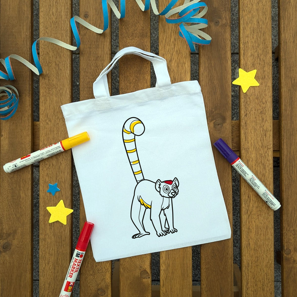 Lemur Ausmaltasche für Kinder, bunt ausgemalt