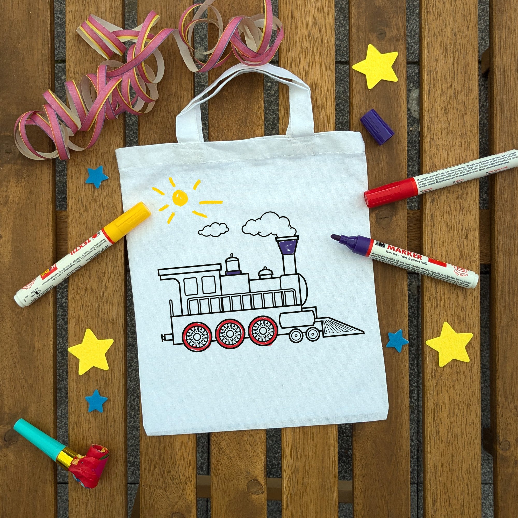 Lokomotive Eisenbahn Kindertaschen zum Ausmalen, 22 x 26 cm, 100% Baumwolle