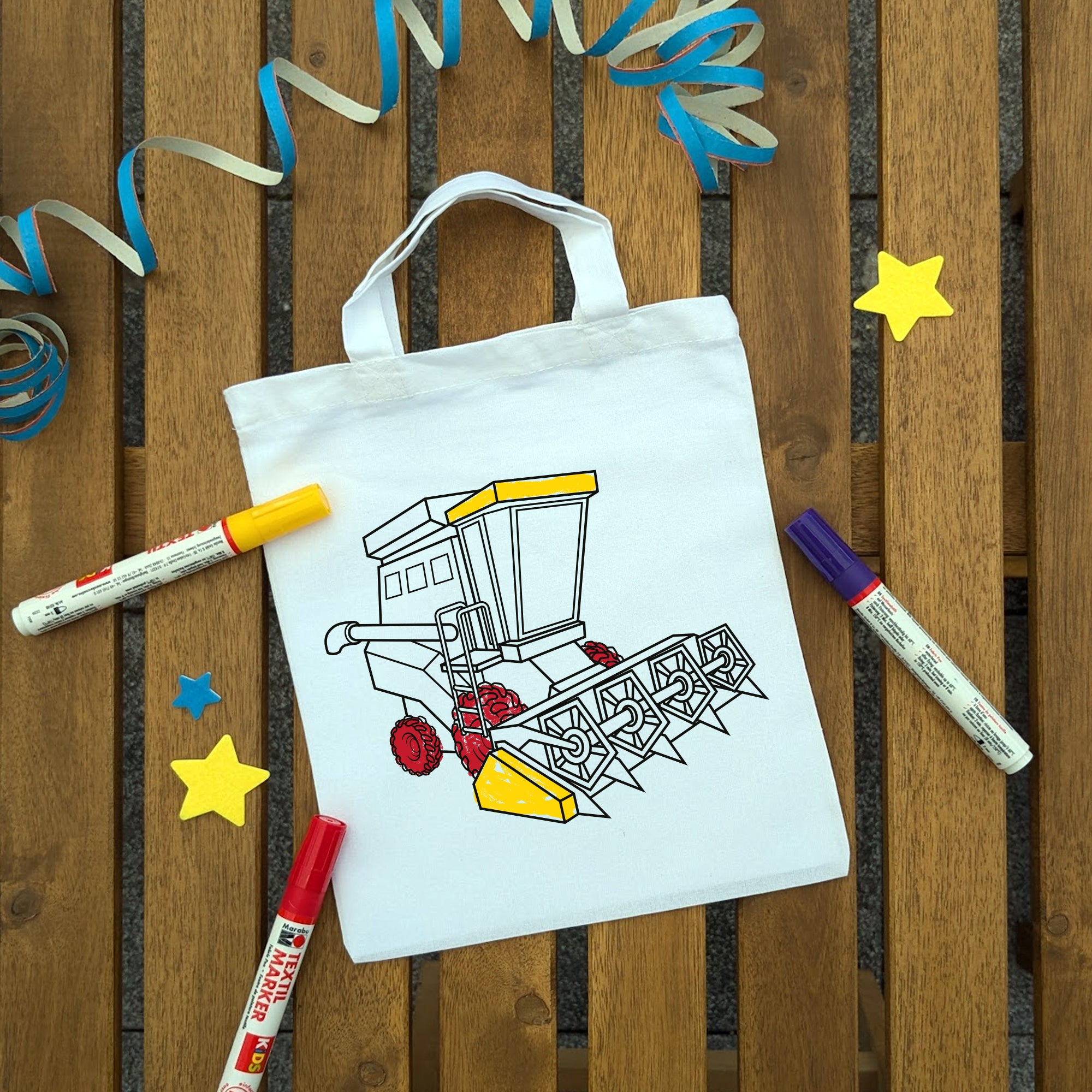 Mähdrescher Kindertaschen zum Ausmalen, 22 x 26 cm, 100% Baumwolle
