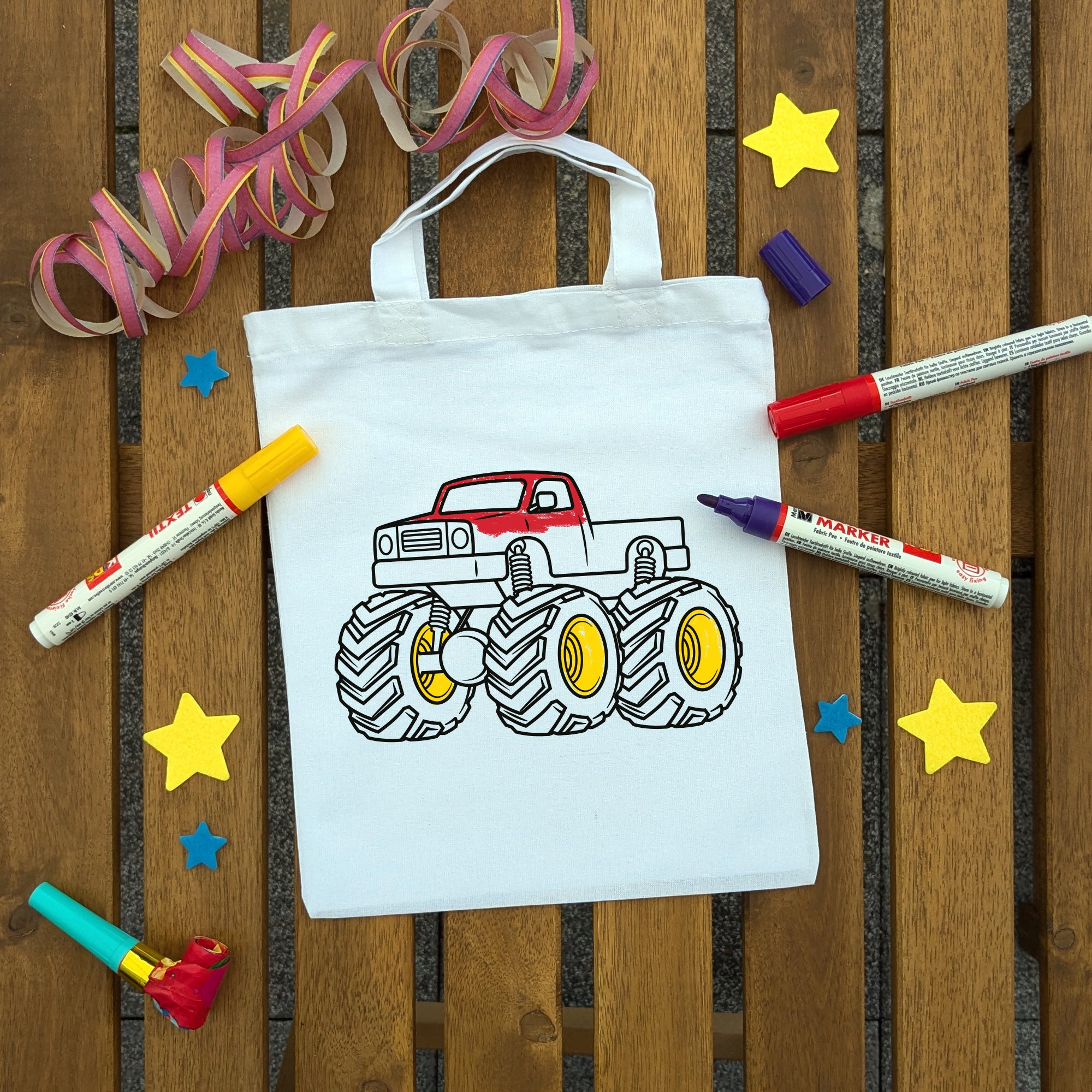 Monstertruck Kindertaschen zum Ausmalen, 22 x 26 cm, 100% Baumwolle