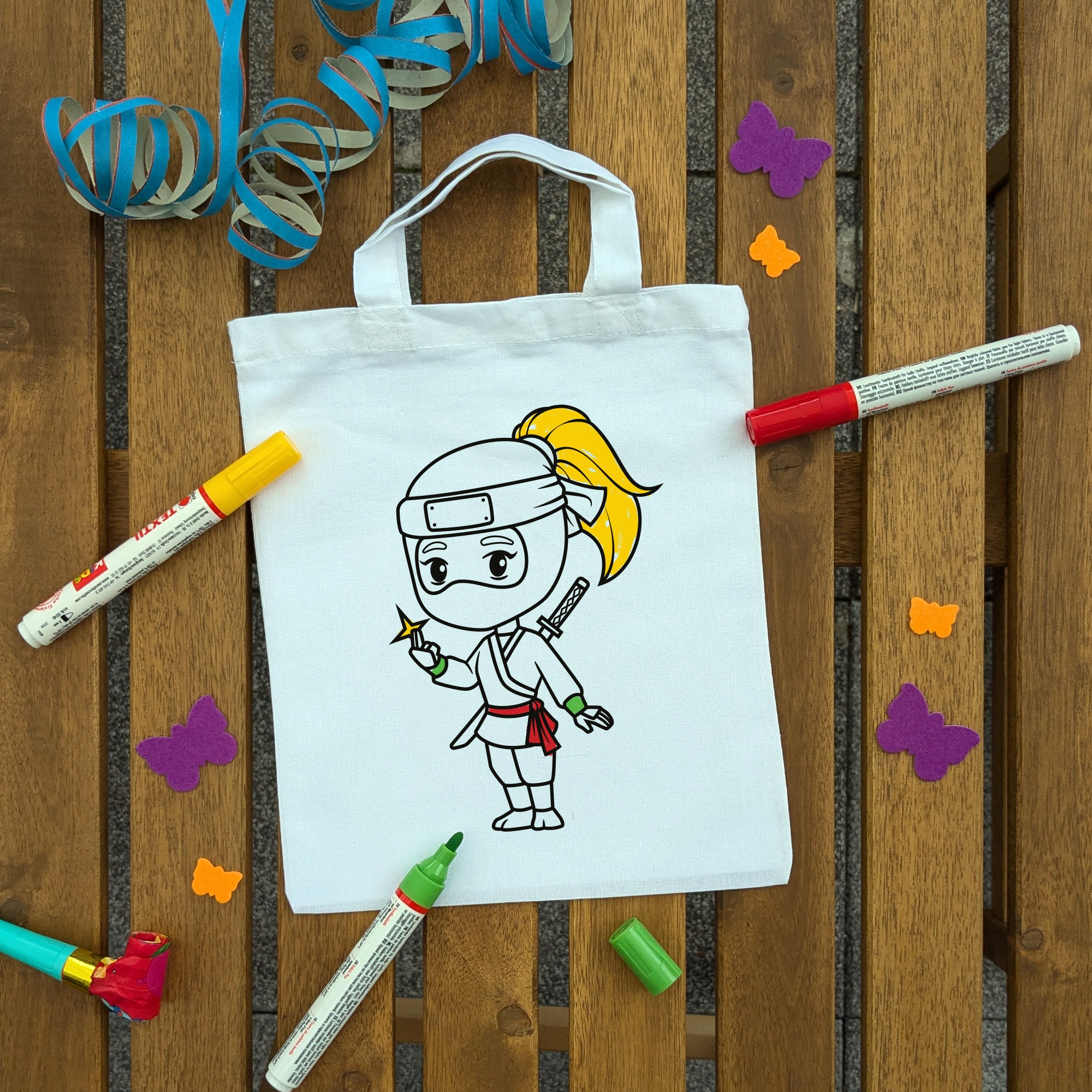 Ninja Mädchen Kindertaschen (5 Stück) zum Ausmalen, 22 x 26 cm, 100% Baumwolle