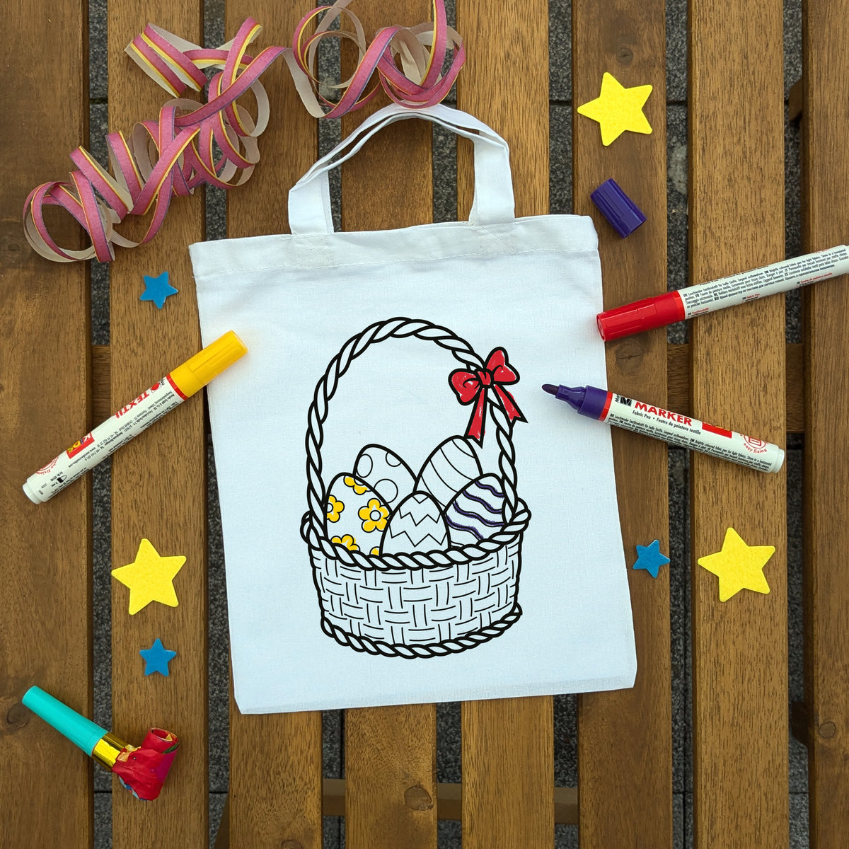 Ostereierkorb Ausmaltasche für Kinder, bunt ausgemalt