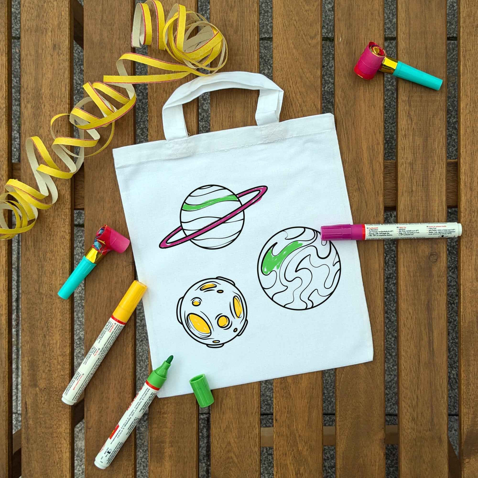 Planeten Weltall Kindertaschen zum Ausmalen, 22 x 26 cm, 100% Baumwolle