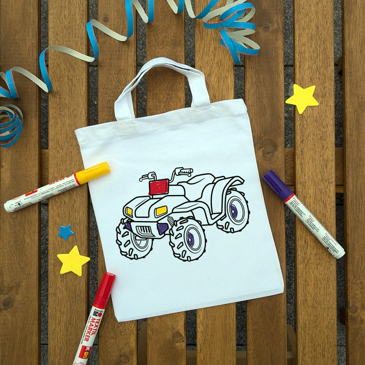 Quad Ausmaltasche für Kinder, bunt ausgemalt