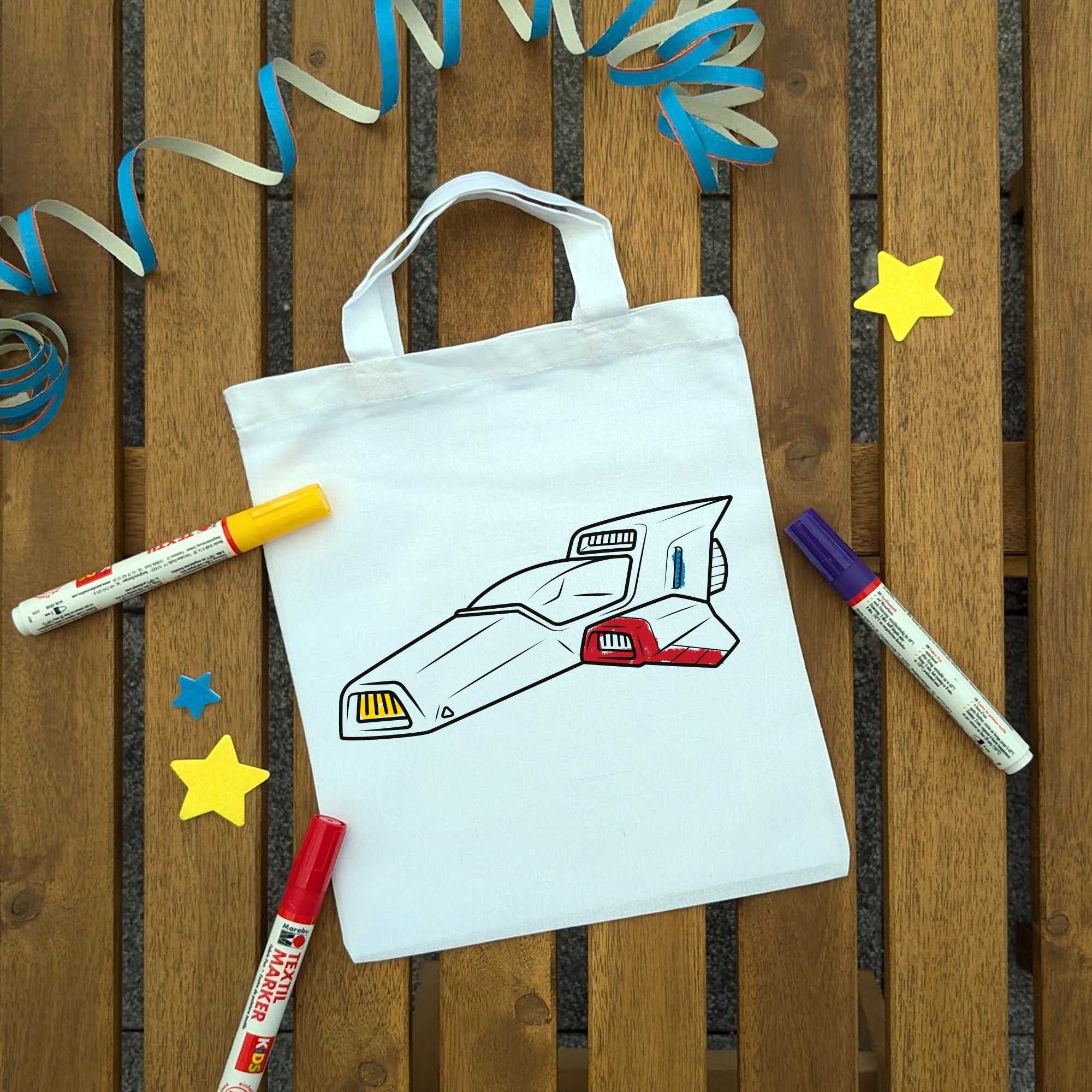 Raumschiff Kindertaschen zum Ausmalen, 22 x 26 cm, 100% Baumwolle
