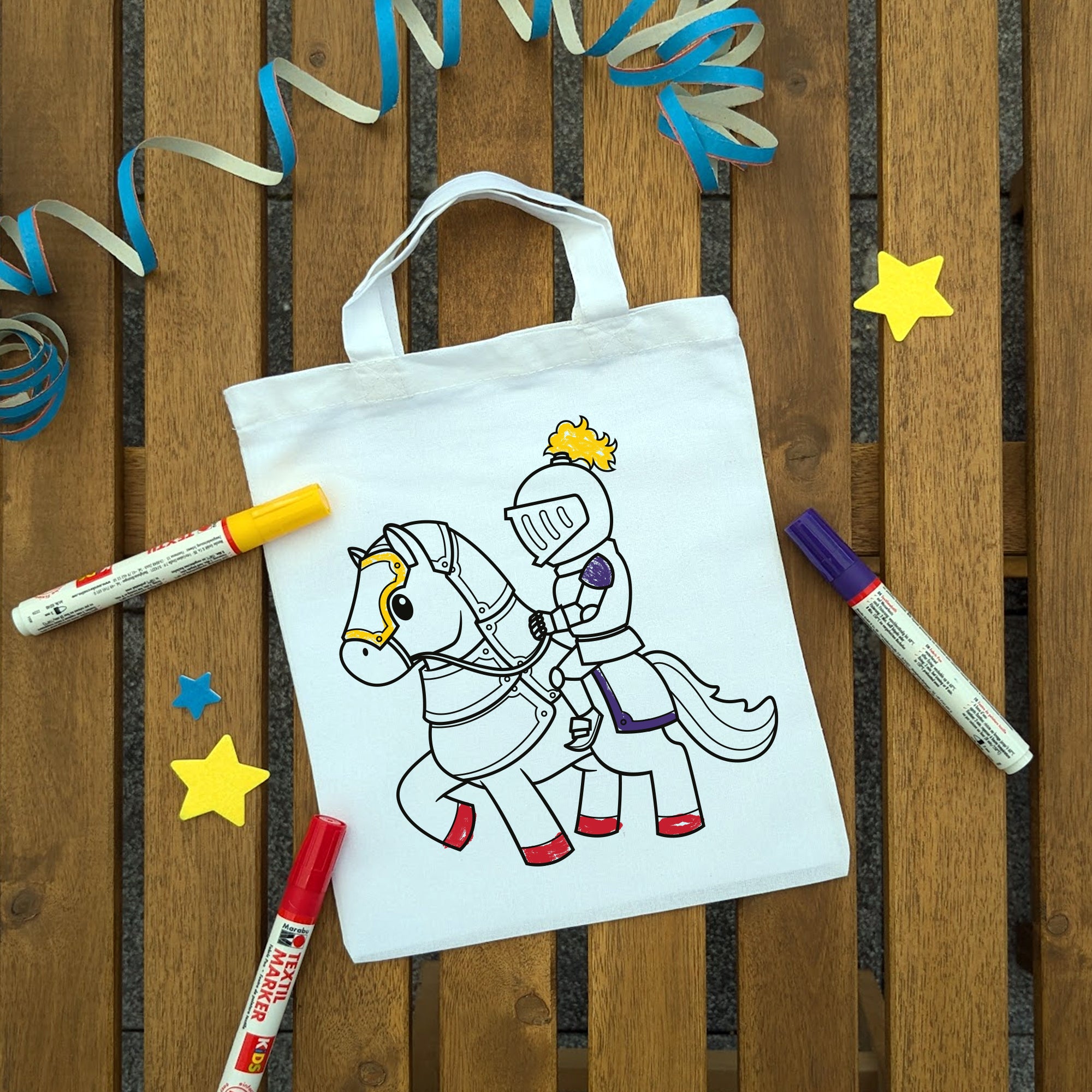 Ritter auf Pferd Kindertaschen zum Ausmalen, 22 x 26 cm, 100% Baumwolle