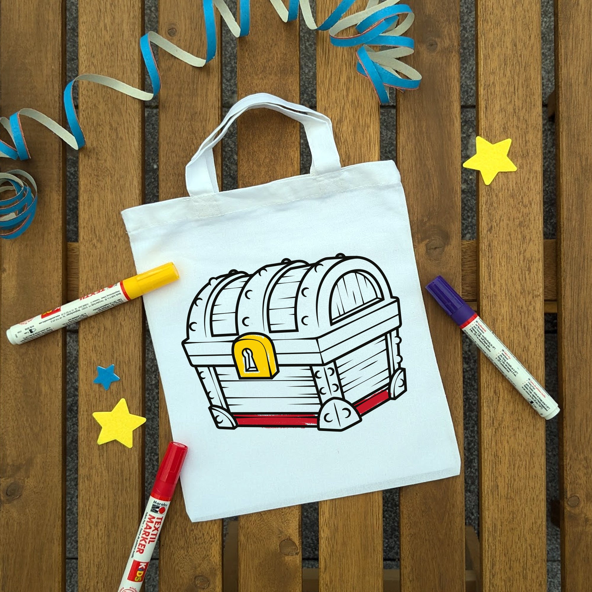 Schatztruhe Kindertaschen zum Ausmalen, 22 x 26 cm, 100% Baumwolle