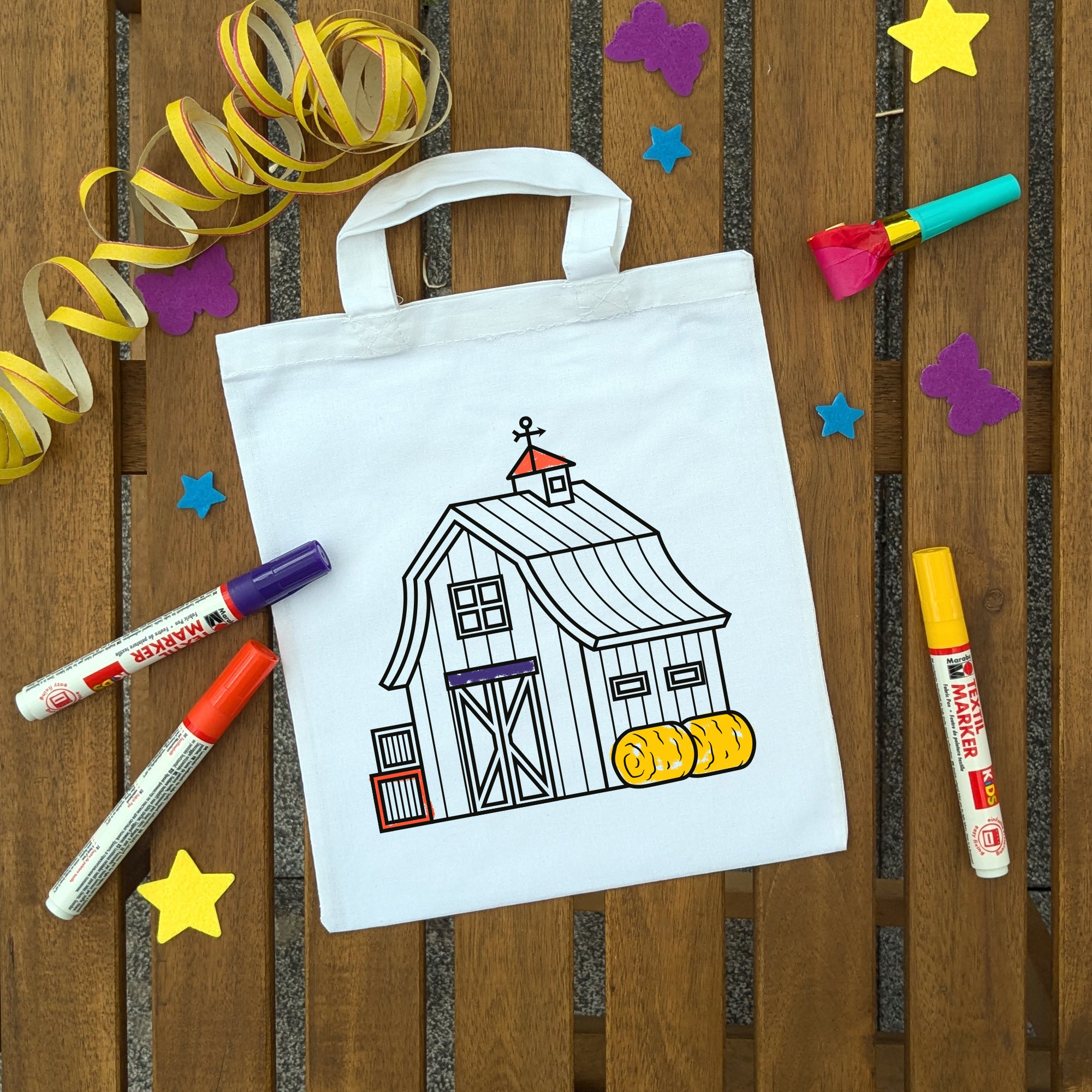 Bauernhof Scheune Kindertaschen zum Ausmalen, 22 x 26 cm, 100% Baumwolle