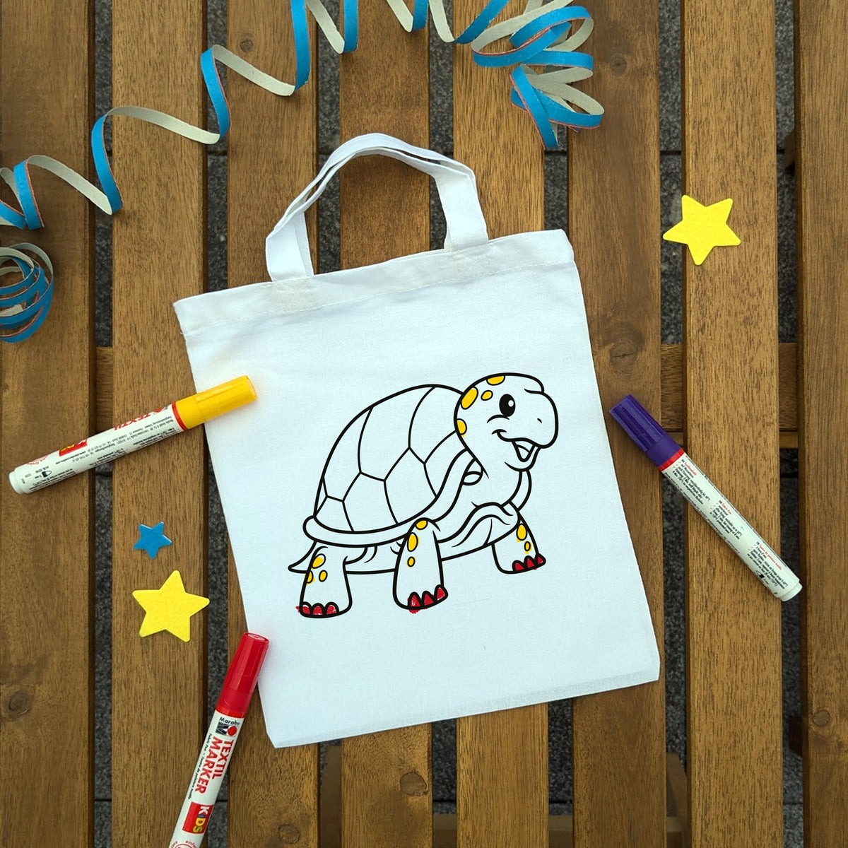 Schildkröte Ausmaltasche für Kinder, bunt ausgemalt