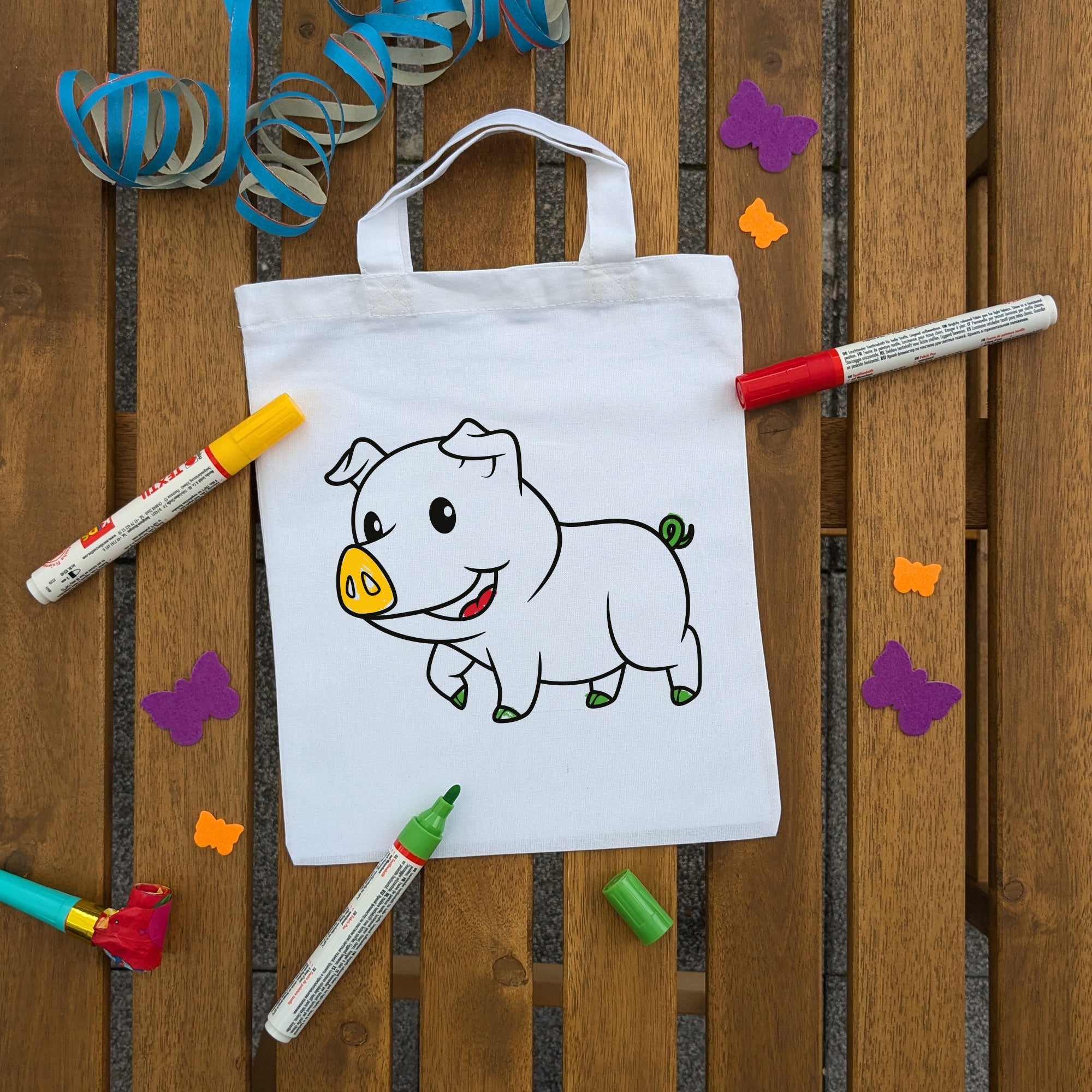 Schwein Kindertaschen zum Ausmalen, 22 x 26 cm, 100% Baumwolle