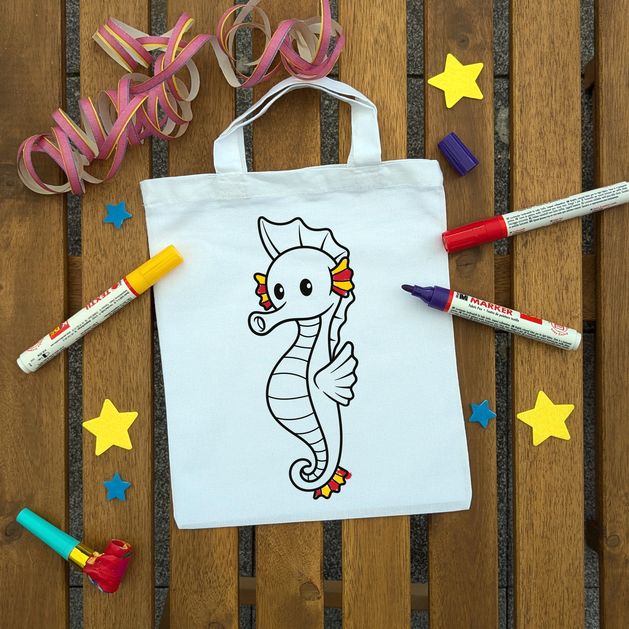 Seepferdchen Kindertaschen zum Ausmalen, 22 x 26 cm, 100% Baumwolle