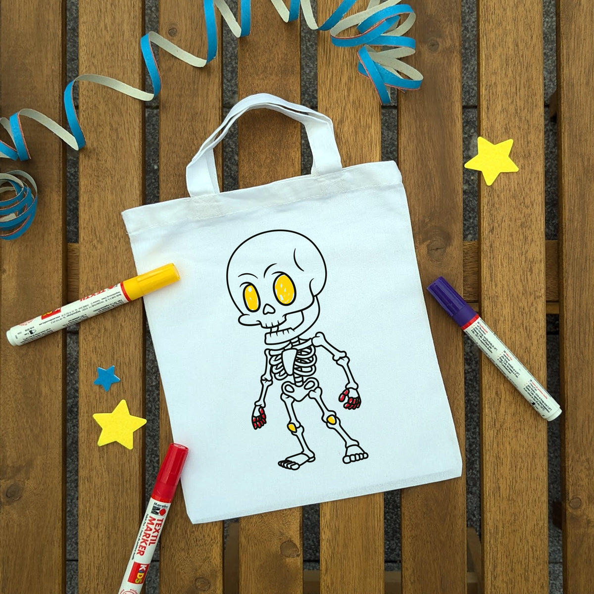 Skelett Ausmaltasche für Kinder, bunt ausgemalt