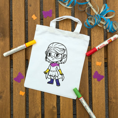 Superheldin Mädchen Kindertaschen zum Ausmalen, 22 x 26 cm, 100% Baumwolle
