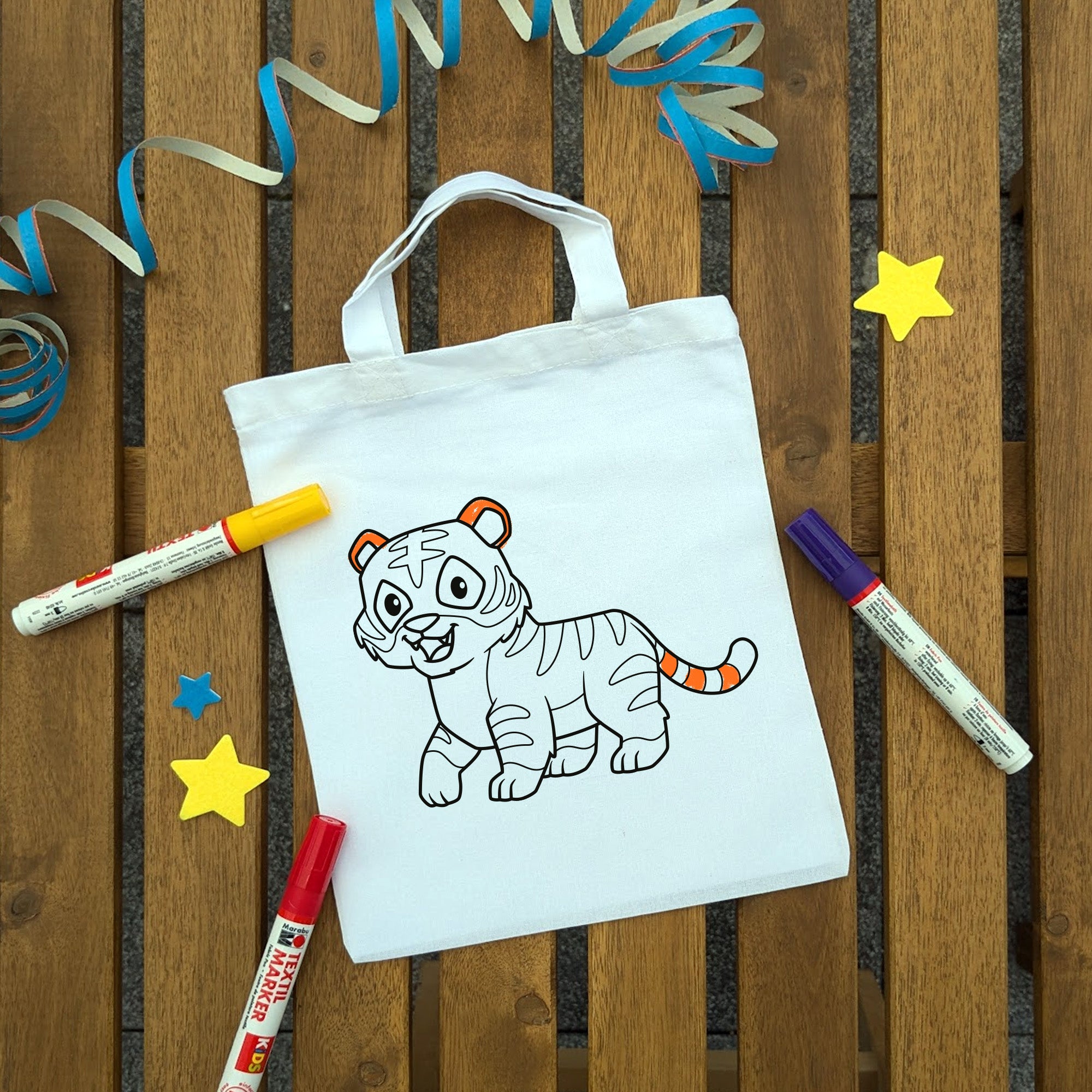 Tiger Kindertaschen zum Ausmalen, 22 x 26 cm, 100% Baumwolle