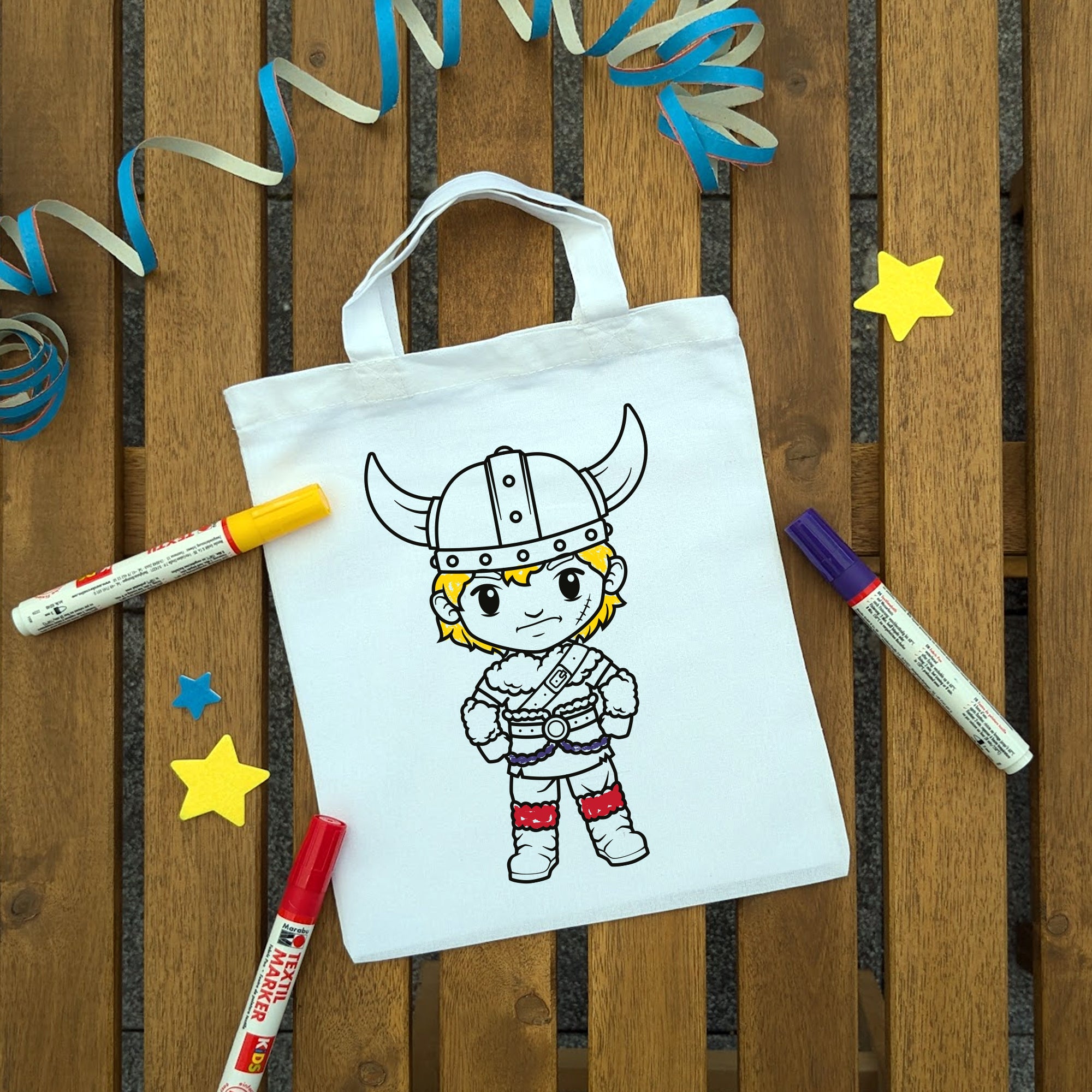 Wikinger Junge Kindertaschen zum Ausmalen, 22 x 26 cm, 100% Baumwolle