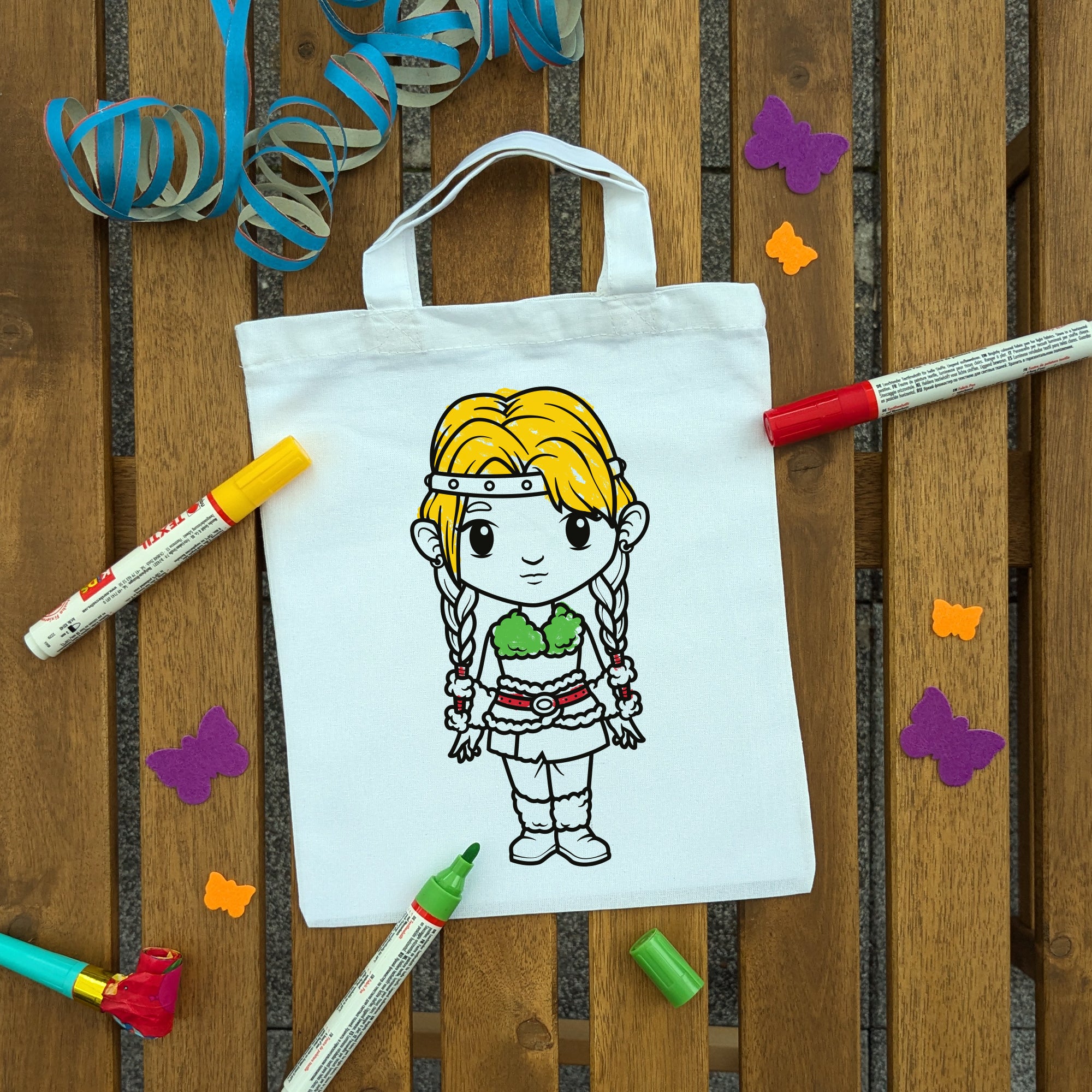 Wikinger Mädchen Kindertaschen zum Ausmalen, 22 x 26 cm, 100% Baumwolle