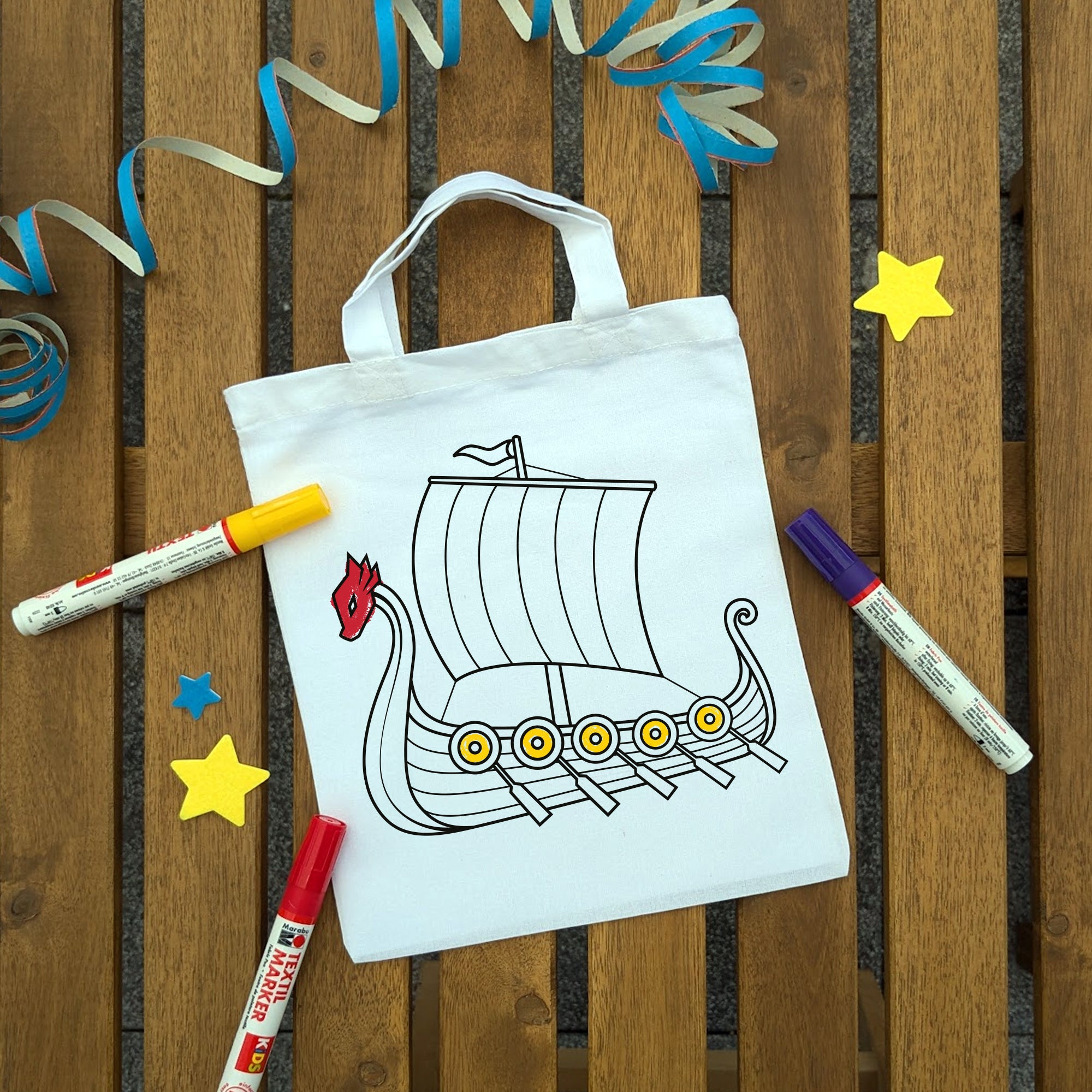 Wikingerschiff Kindertaschen zum Ausmalen, 22 x 26 cm, 100% Baumwolle
