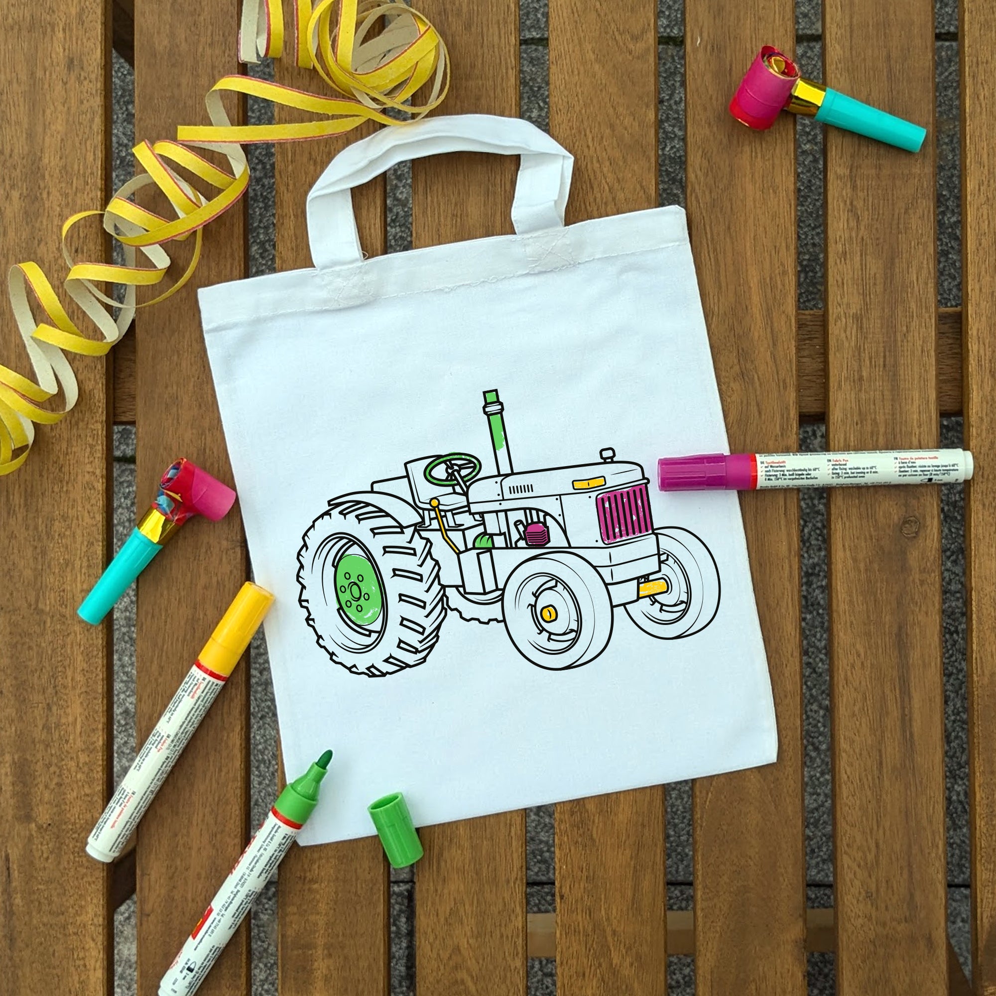 Vintage Traktor Kindertaschen zum Ausmalen, 22 x 26 cm, 100% Baumwolle