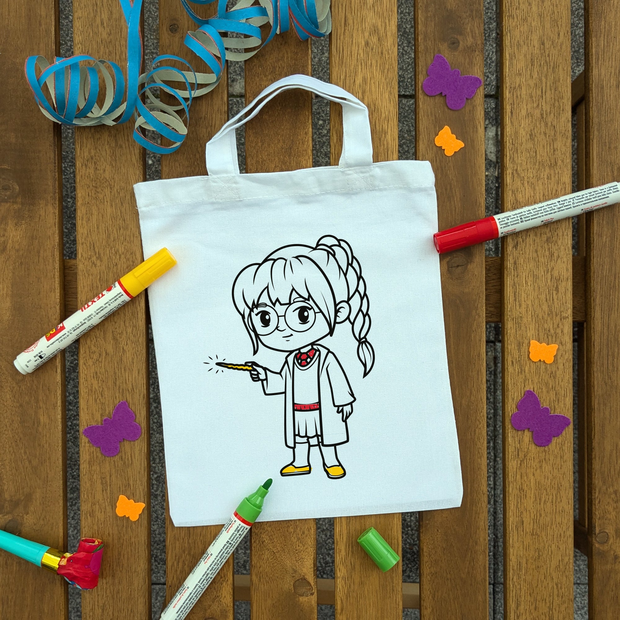 Zauberer Mädchen Kindertaschen zum Ausmalen, 22 x 26 cm, 100% Baumwolle