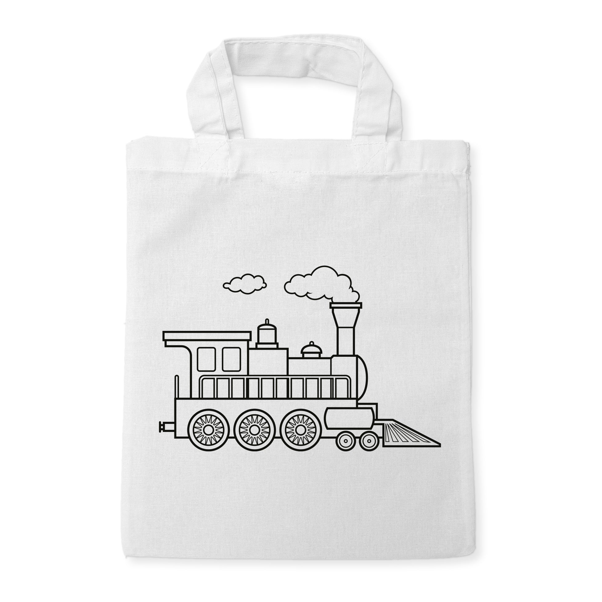 Lokomotive Eisenbahn Kindertaschen zum Ausmalen, 22 x 26 cm, 100% Baumwolle