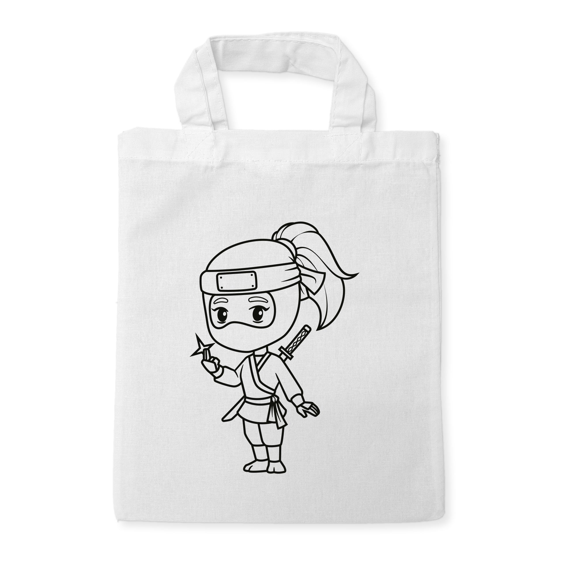 Ninja Mädchen Kindertaschen (5 Stück) zum Ausmalen, 22 x 26 cm, 100% Baumwolle