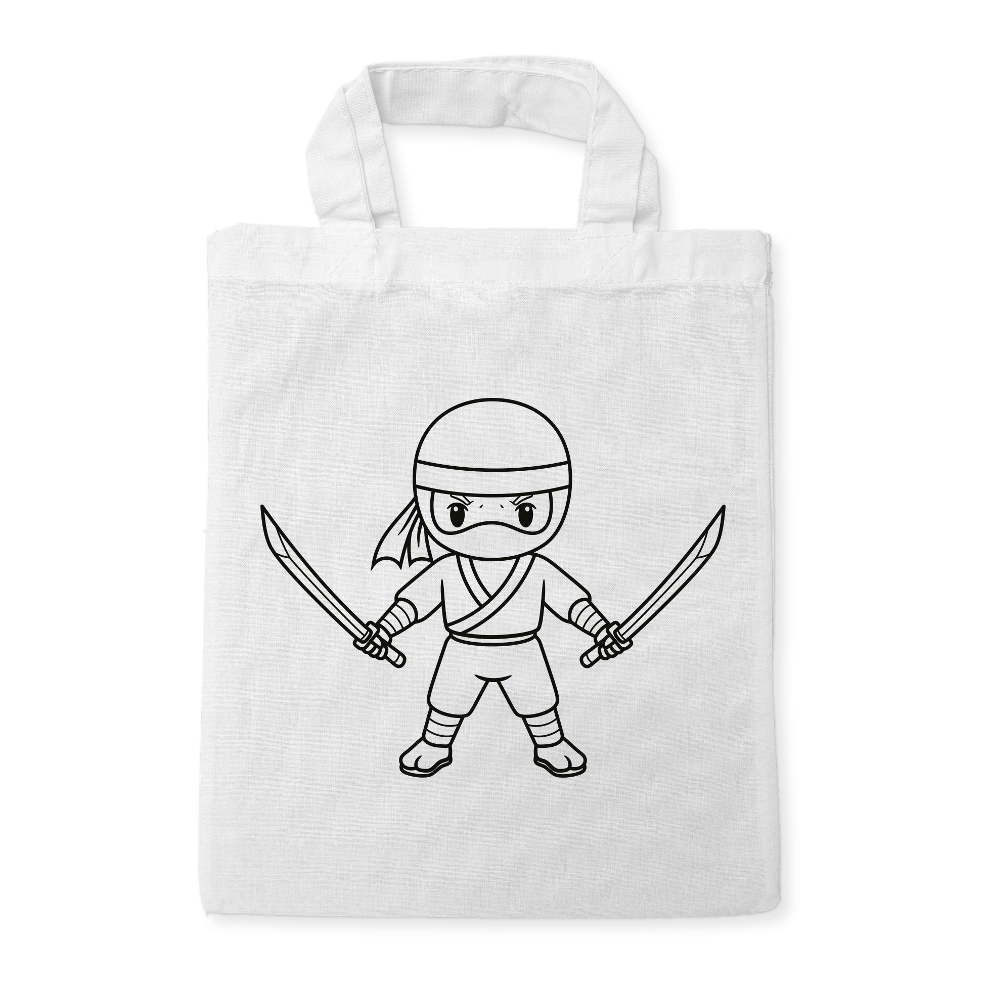 Ninja mit Schwertern Kindertaschen zum Ausmalen, 22 x 26 cm, 100% Baumwolle