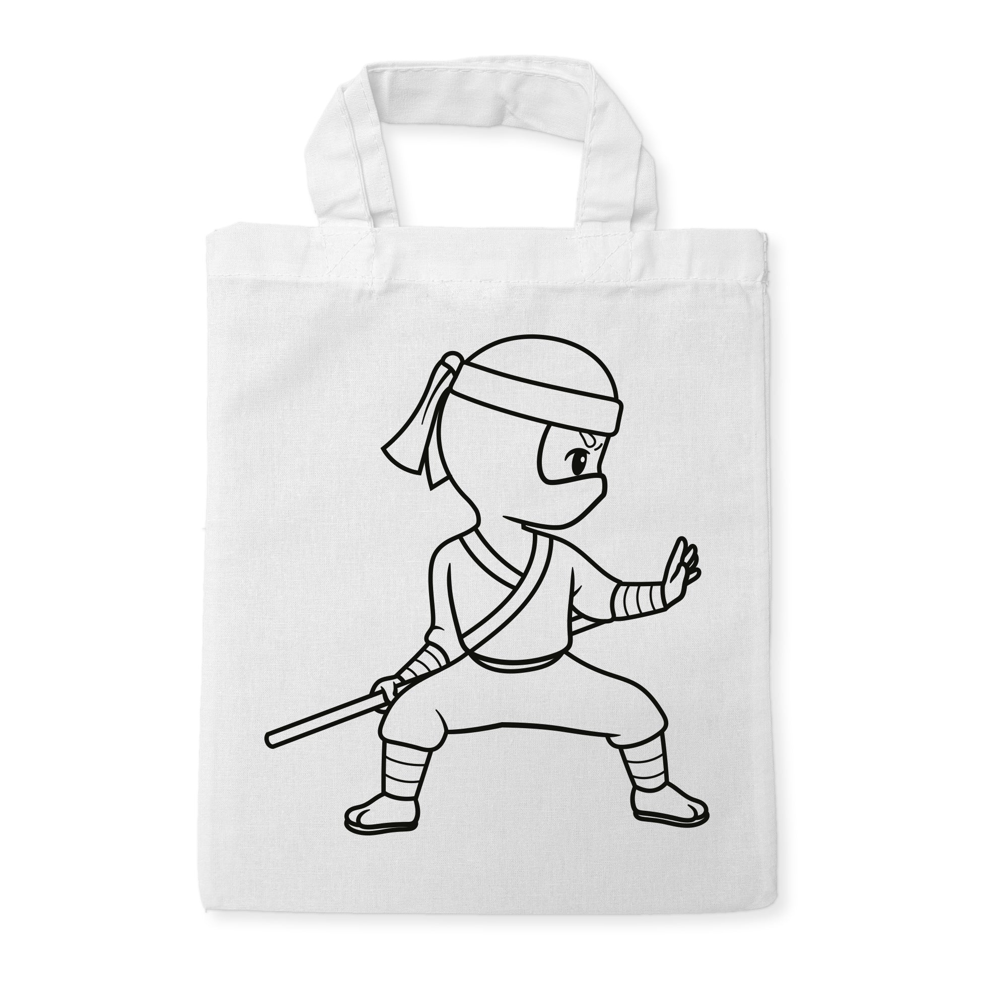 Ninja mit Stab Kindertaschen zum Ausmalen, 22 x 26 cm, 100% Baumwolle