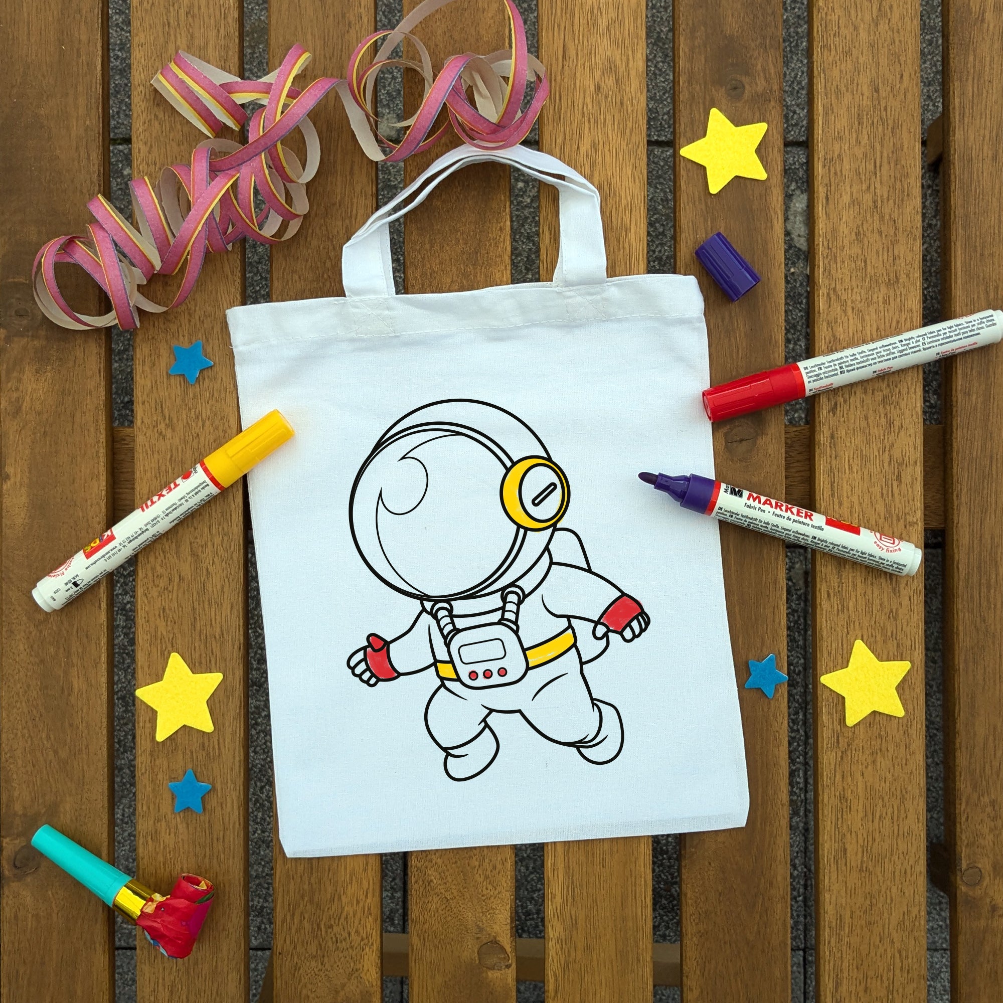 Astronaut Weltraum Kindertaschen (5 Stück) zum Ausmalen, 22 x 26 cm, 100% Baumwolle