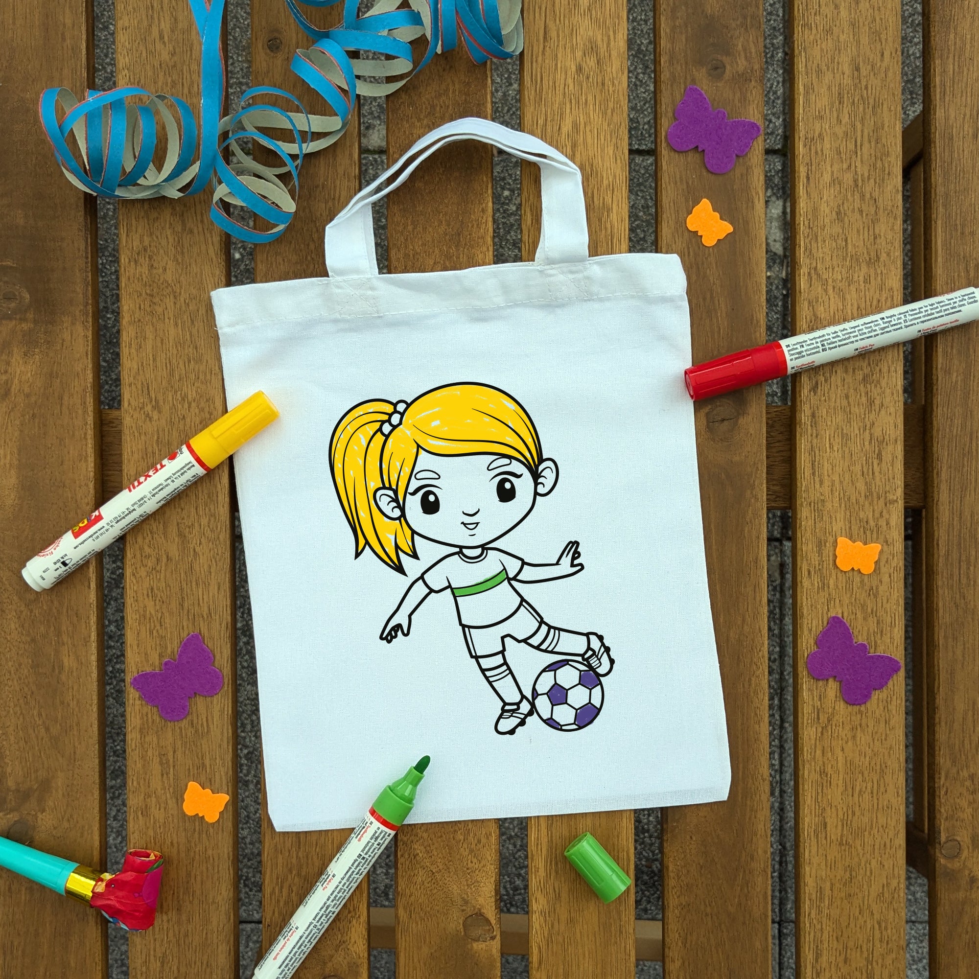 Fußball Mädchen Kindertaschen zum Ausmalen, 22 x 26 cm, 100% Baumwolle
