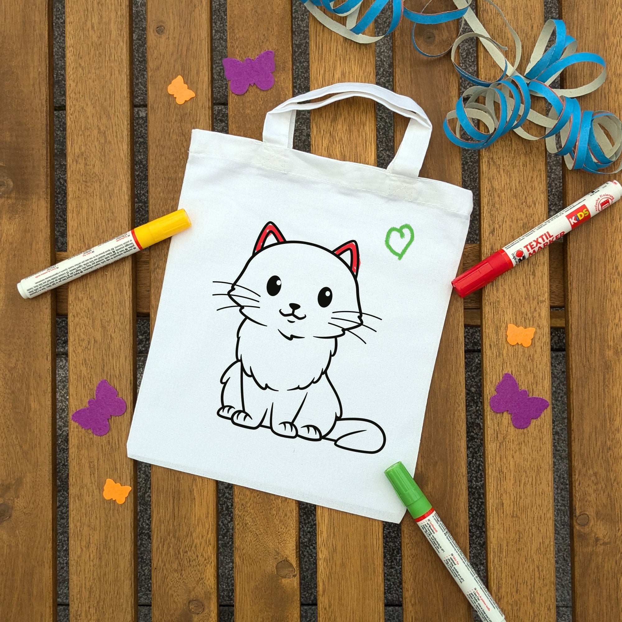 Katze Kindertaschen (5 Stück) zum Ausmalen, 22 x 26 cm, 100% Baumwolle