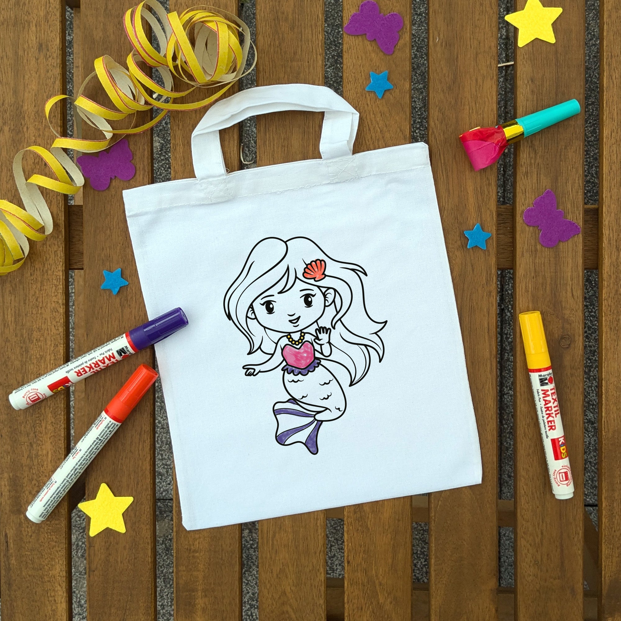 Meerjungfrau Kindertaschen zum Ausmalen, 22 x 26 cm, 100% Baumwolle