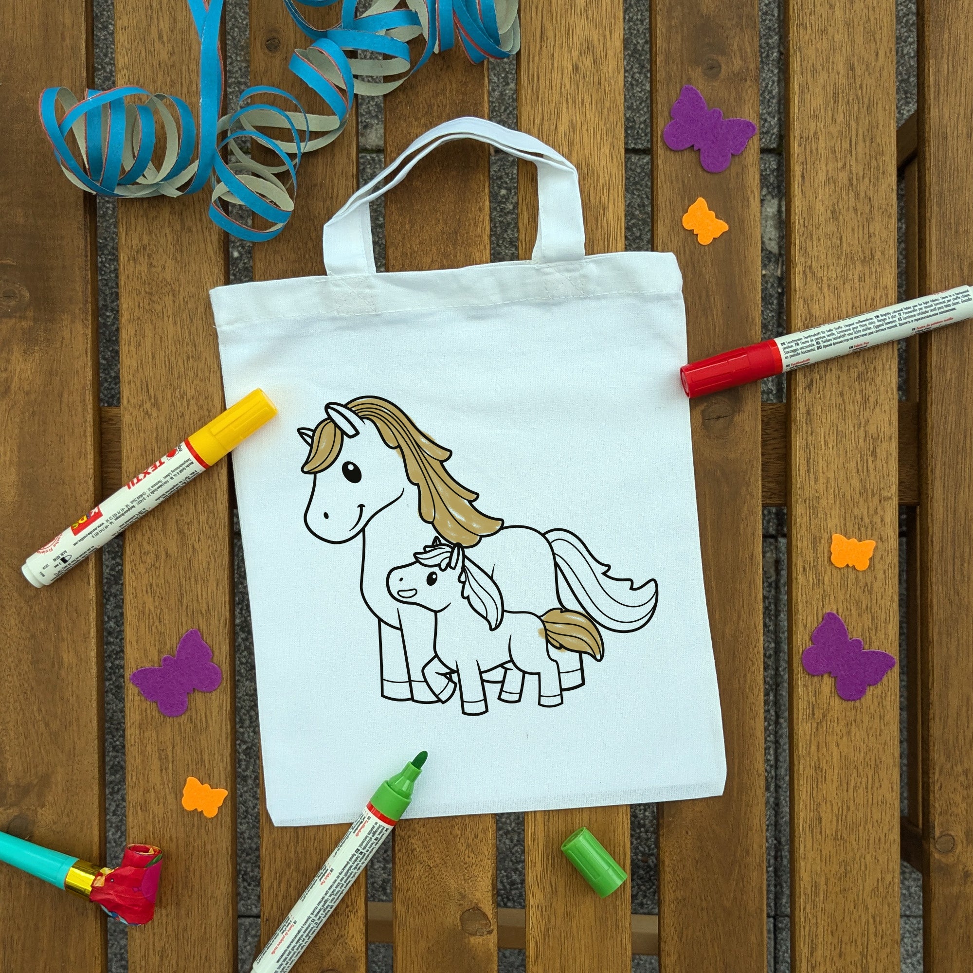 Pferd mit Fohlen Kindertaschen zum Ausmalen, 22 x 26 cm, 100% Baumwolle