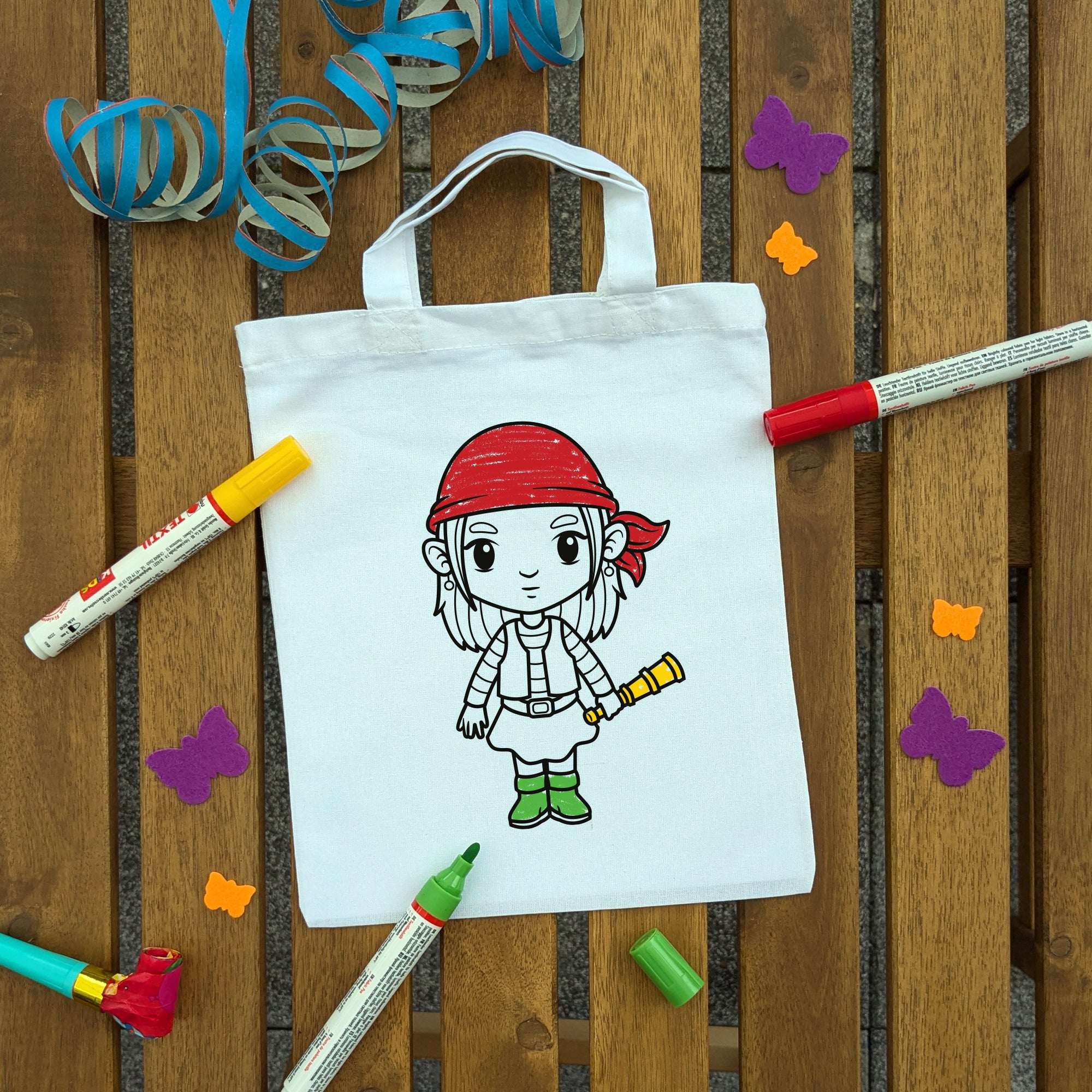 Pirat Mädchen Kindertaschen zum Ausmalen, 22 x 26 cm, 100% Baumwolle